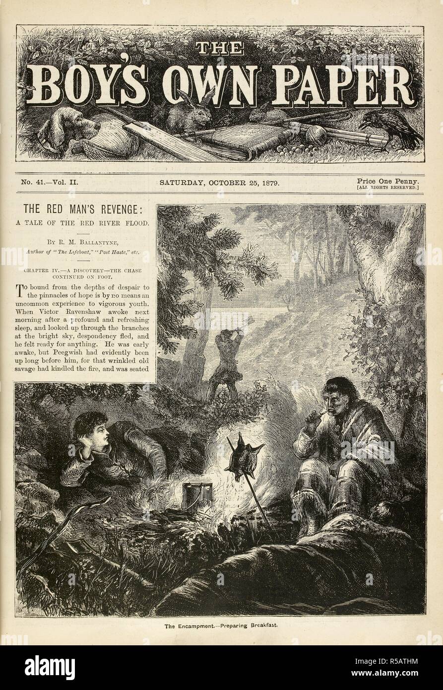 L'uomo rosso della vendetta: il encampment - preparare la colazione: un racconto del Fiume Rosso flood, da R.M. Ballantyne. I caratteri, Victor Ravenshaw e Peegwish, un nativo americano. Il Boyâ€™s possiede la carta. Londra, 25 ottobre 1879. Fonte: PP.5993.u coperchio anteriore, No.41, vol. II. Foto Stock