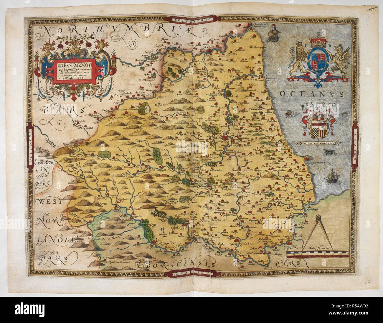 Mappa della Contea di Durham, 1576. Signore Burghley del Atlante. Mappe delle contee di Inghilterra e Galles, stampato e colorato; dai disegni del Christopher Saxton. Inghilterra [Londra], 1579. Fonte: Royal 18 D. III f.68. Lingua: Inglese. Foto Stock