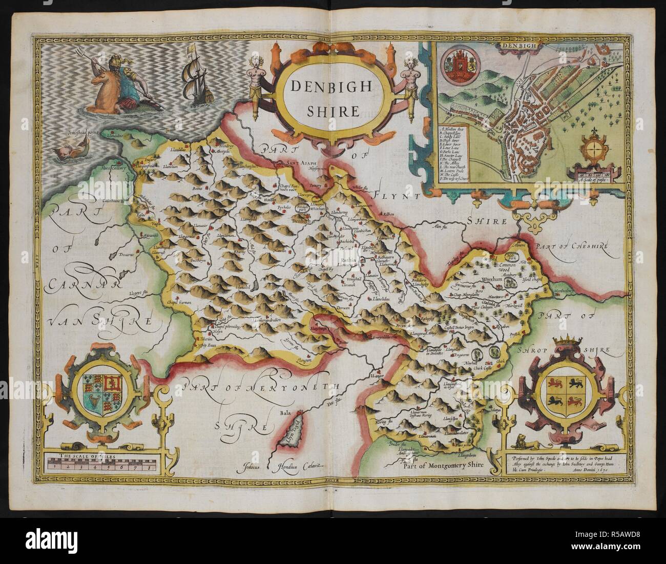 Una mappa di Denbighshire; inset, la città di Denbigh. Il Teatro dell'impero della Gran Bretagna. Londra : John Sudbury & George umile, 1611. Fonte: Mappe C.7.c.20.(2.), f.119. Autore: velocità, GIOVANNI. Foto Stock