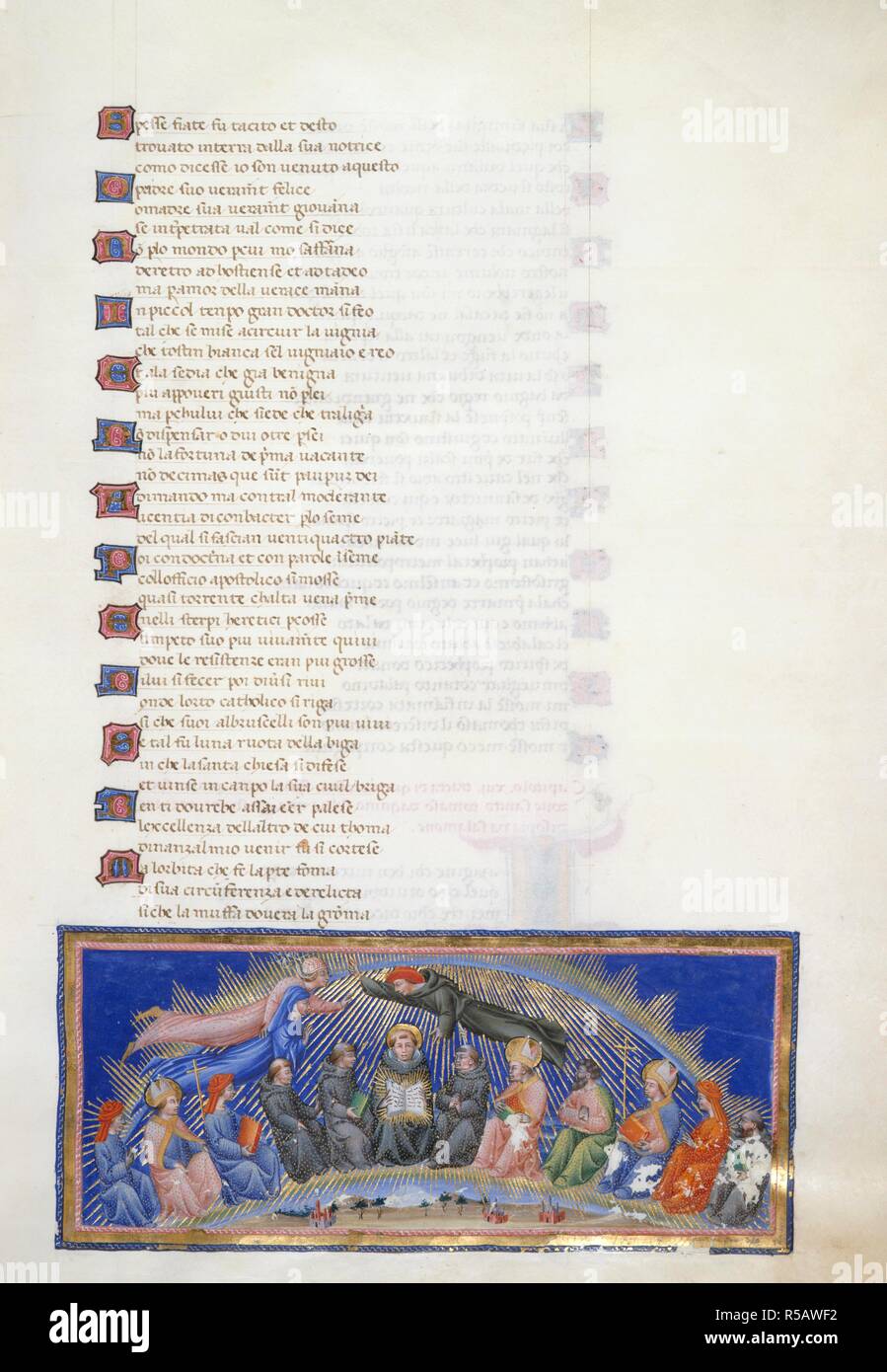 Paradiso, Canto XII. Il cielo del sole in miniatura mostra Dante e Beatrice passando accanto a San Bonaventura, che introduce un ulteriore cerchio di sapienti; santi, gli studiosi e i profeti. In centro, San Tommaso d Aquino tenendo la Summa, altre figure includono Pietro Comestor, papa Giovanni XXI, San Giovanni Crisostomo e Anselmo, Arcivescovo di Canterbury. La Divina Commedia. Italia [Toscana]; nel 1450 circa. Fonte: Yates Thompson 36, f.151. Lingua: Italiano. Autore: DANTE ALIGHIERI. GIOVANNI DI PAOLO. Foto Stock
