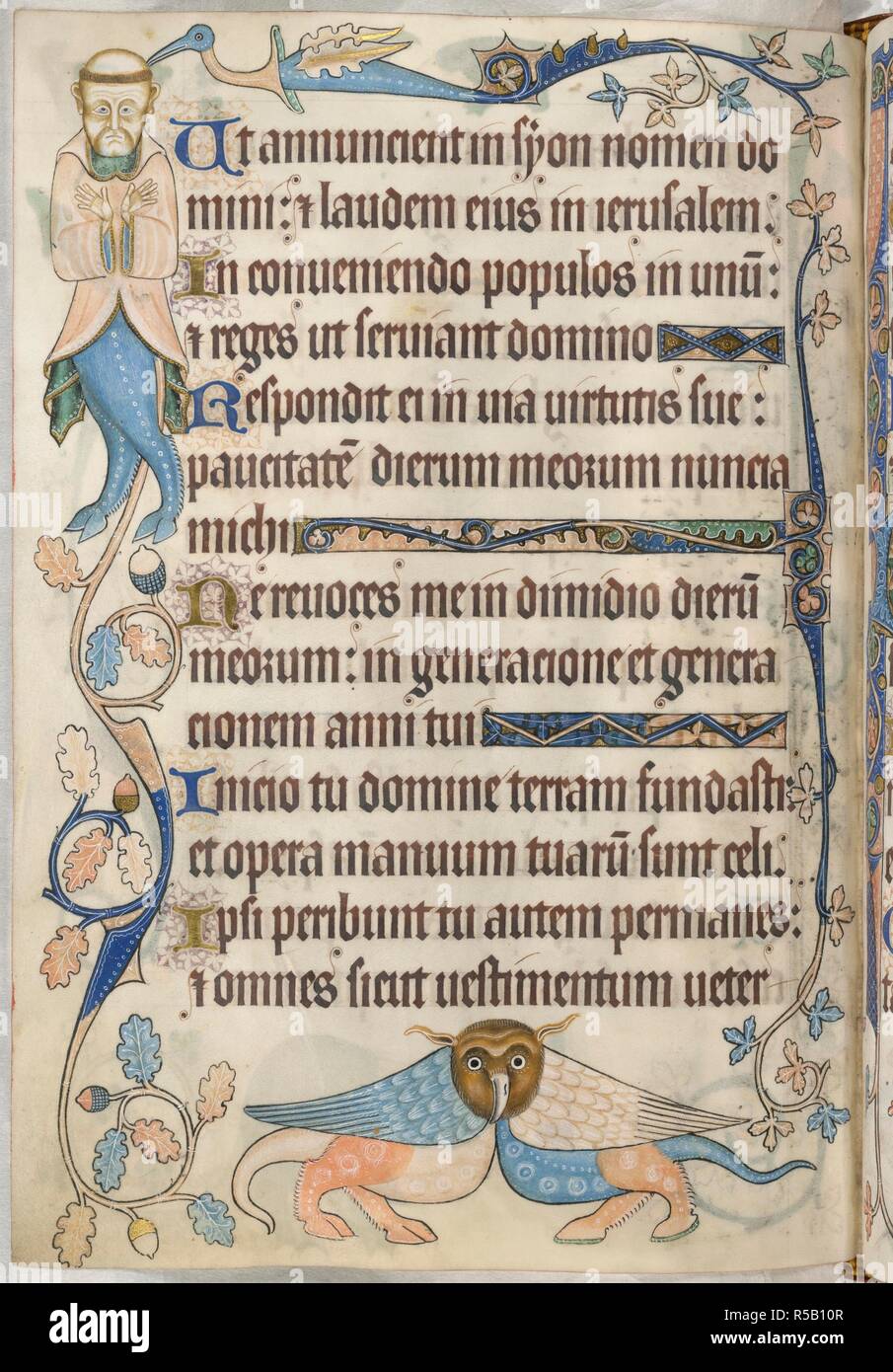 Il Salmo 101; grottesche. Luttrell Salterio. Inghilterra [East Anglia]; circa 1325-1335. [Intero folio] Salmo 101. Decorazione di confine con due grottesche; uno con la metà superiore di un monaco tonsured, con zampe di animali selvaggi e zoccoli. Margine inferiore; le altre grottesche con due corpi riuniti in un gufo la testa di presa di immagine da Luttrell Salterio. Originariamente pubblicato/prodotto in Inghilterra [East Anglia]; circa 1325-1335. . Fonte: Aggiungi. 42130, f.179v. Lingue: Latina. Foto Stock