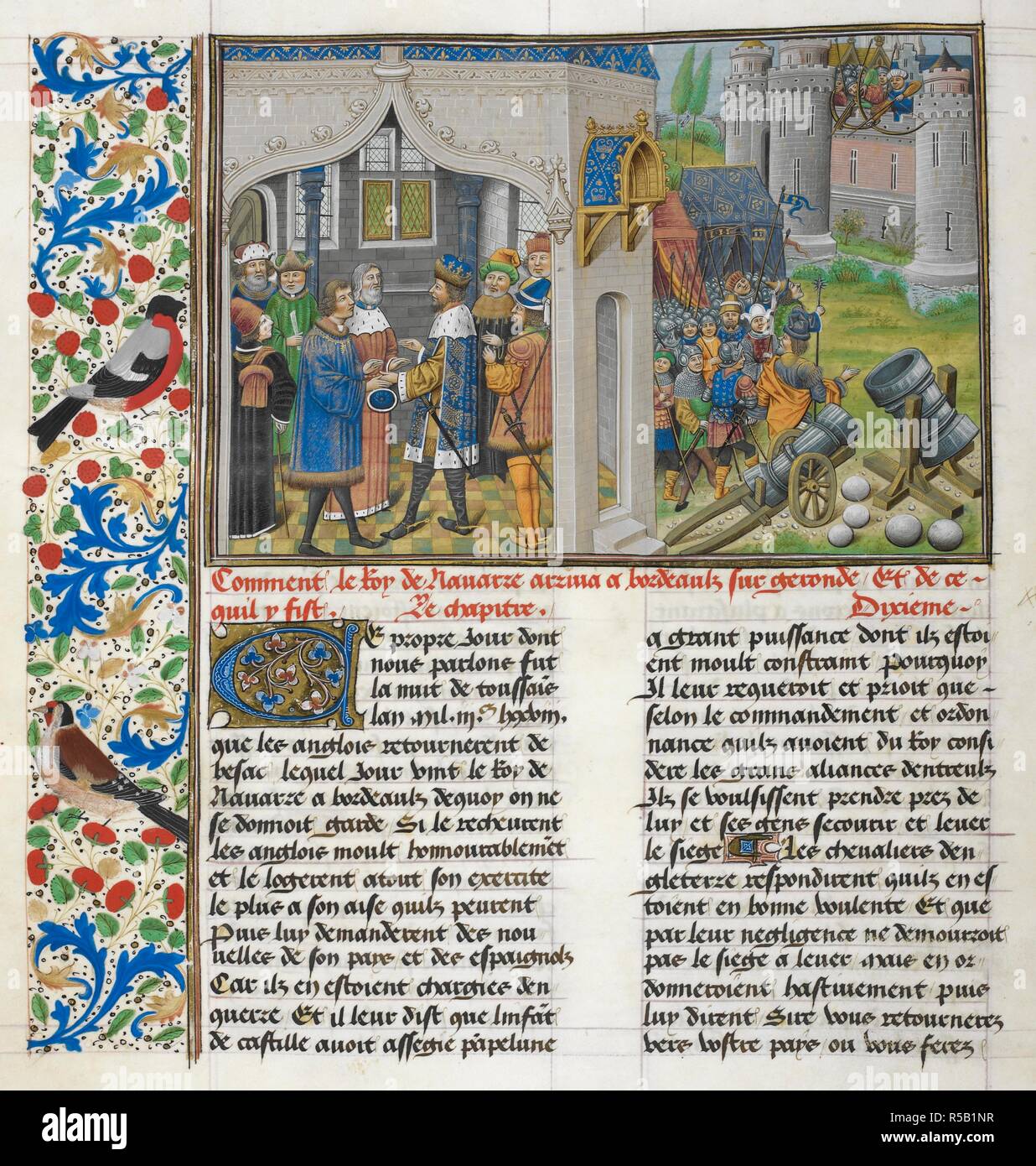 Re di Navarra a Bordeaux e dell assedio di Pamplona, con una parziale confine floreali contenente due uccelli, all' inizio del capitolo 10 del libro 1. Iniziale. Anciennes et nouvelles chroniques d'Angleterre (noto anche come Recueil des croniques d’Engleterre). Francia, N. E. (Lille?) e Paesi Bassi, S. (Bruges) Data c. 1470- c. 1480. Fonte: Royal 14 E. IV, f.28v. Lingua: Francese. Autore: JEAN DI WAVRIN. Maestro di Vienna e di Copenaghen Toison d’o, Master delle iscrizioni bianco, Master di Edward. Foto Stock Re di Navarra a Bordeaux e dell assedio di Pamplona, con una parziale confine floreali contenente due uccelli, all' inizio del capitolo 10 del libro 1. Iniziale. Anciennes et nouvelles chroniques d'Angleterre (noto anche come Recueil des croniques d’Engleterre). Francia, N. E. (Lille?) e Paesi Bassi, S. (Bruges) Data c. 1470- c. 1480. Fonte: Royal 14 E. IV, f.28v. Lingua: Francese. Autore: JEAN DI WAVRIN. Maestro di Vienna e di Copenaghen Toison d’o, Master delle iscrizioni bianco, Master di Edward. Foto Stock