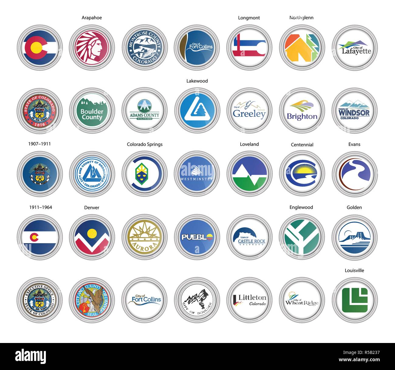 Set di icone vettoriali. Le bandiere e le guarnizioni di tenuta del Colorado, USA. 3D'illustrazione. Illustrazione Vettoriale