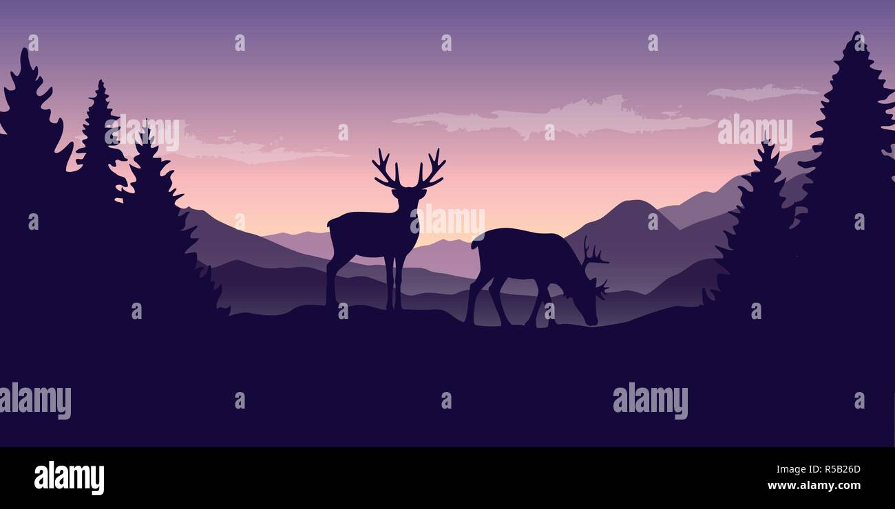 Due wildlife renne su Purple Mountain e paesaggio forestale illustrazione vettoriale EPS10 Illustrazione Vettoriale