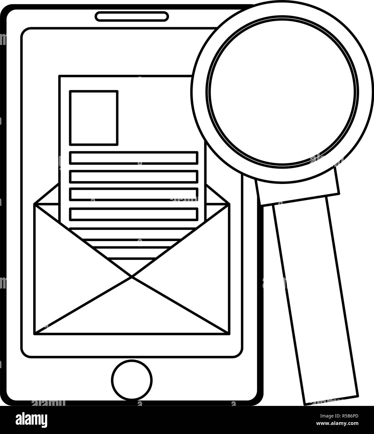 Smartphone invio email in bianco e nero Illustrazione Vettoriale