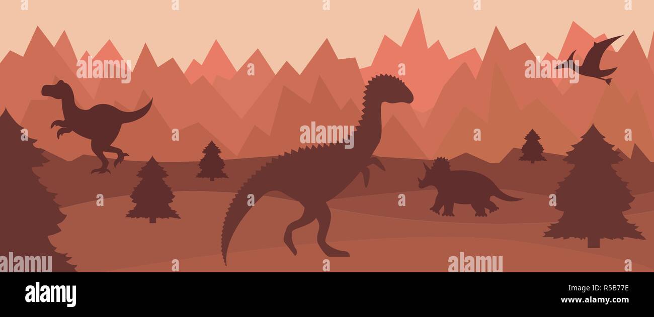 Piatto paesaggio di montagna con sagome di dinosauri. Illustrazione Vettoriale