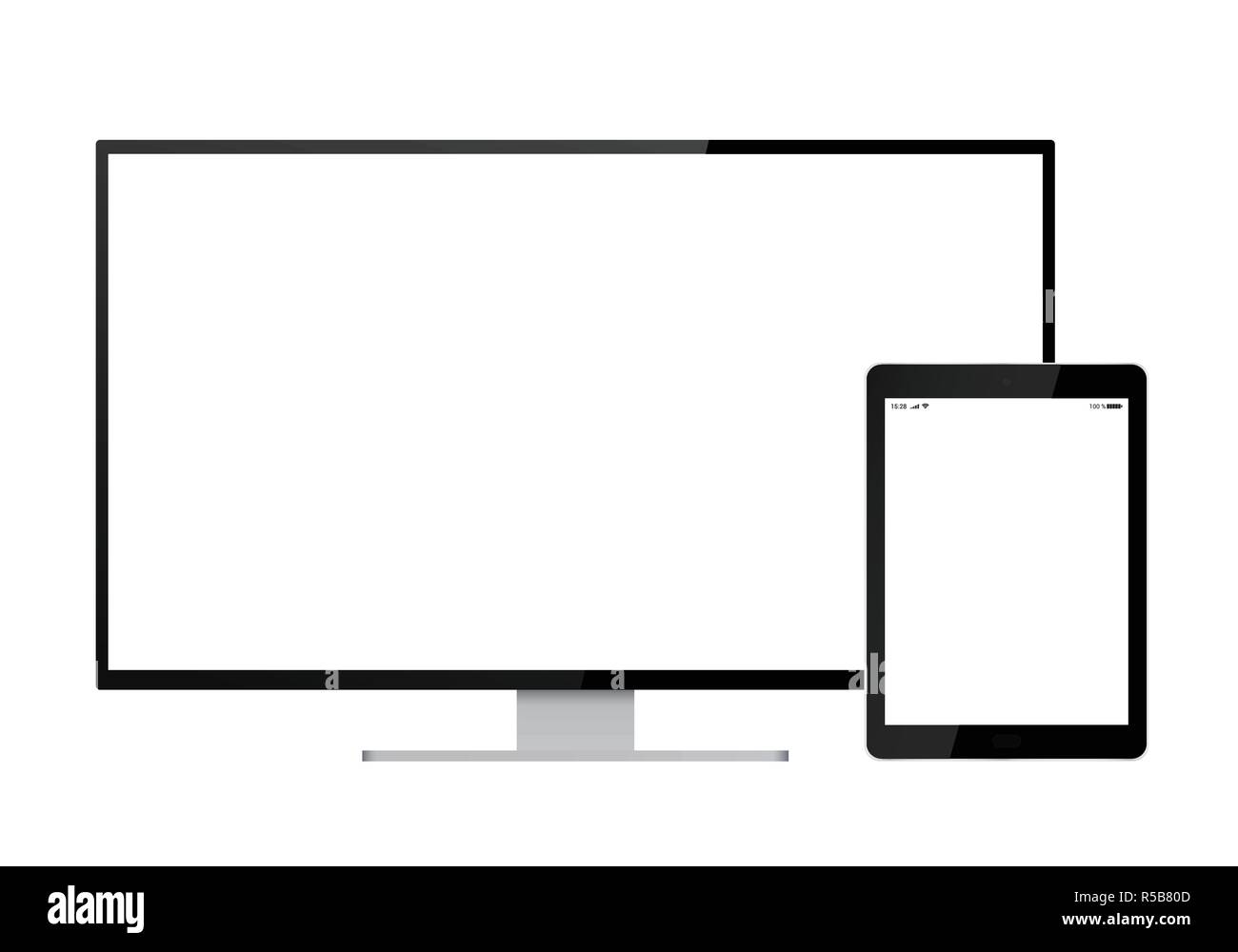 Illustrazione realistica di nero monitor per PC e tablet con icone di connessione e il segnale, con bianco touch screen, isolati su sfondo bianco - ve Illustrazione Vettoriale