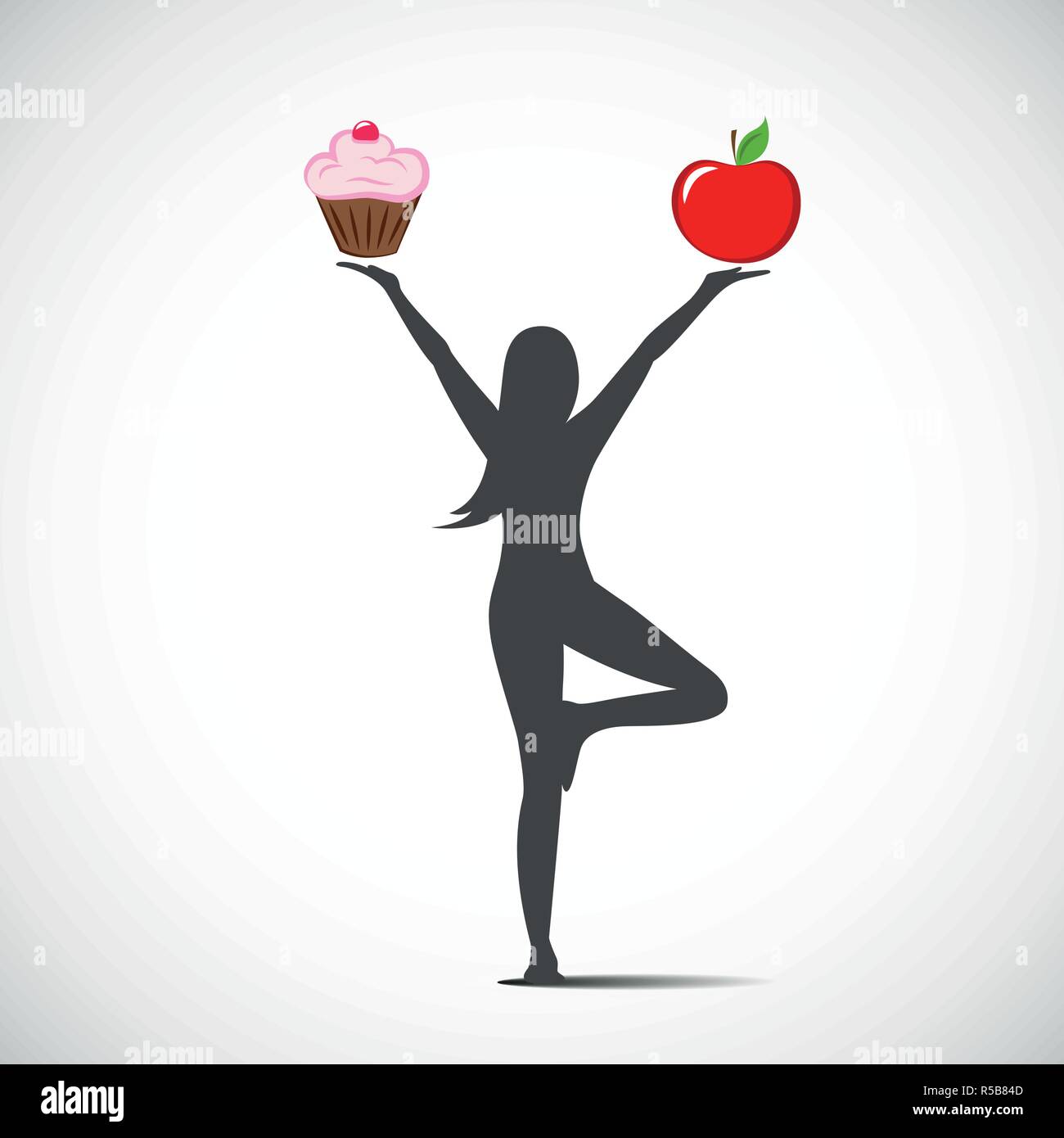 La donna in posizione di yoga sceglie tra un cibo sano e alimenti nocivi illustrazione vettoriale Illustrazione Vettoriale