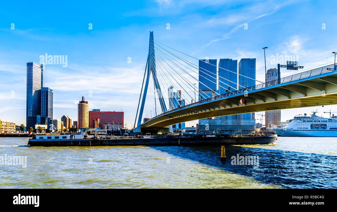 Architettura moderna edifici alti in Olanda Amerikakade con il Cable-Stayed Ponte Erasmus oltre la Nieuwe Maas River a Rotterdam Foto Stock