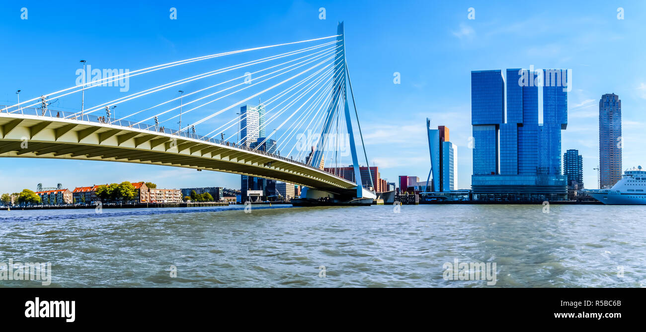 Architettura moderna edifici alti in Olanda Amerikakade con il Cable-Stayed Ponte Erasmus oltre la Nieuwe Maas River a Rotterdam Foto Stock