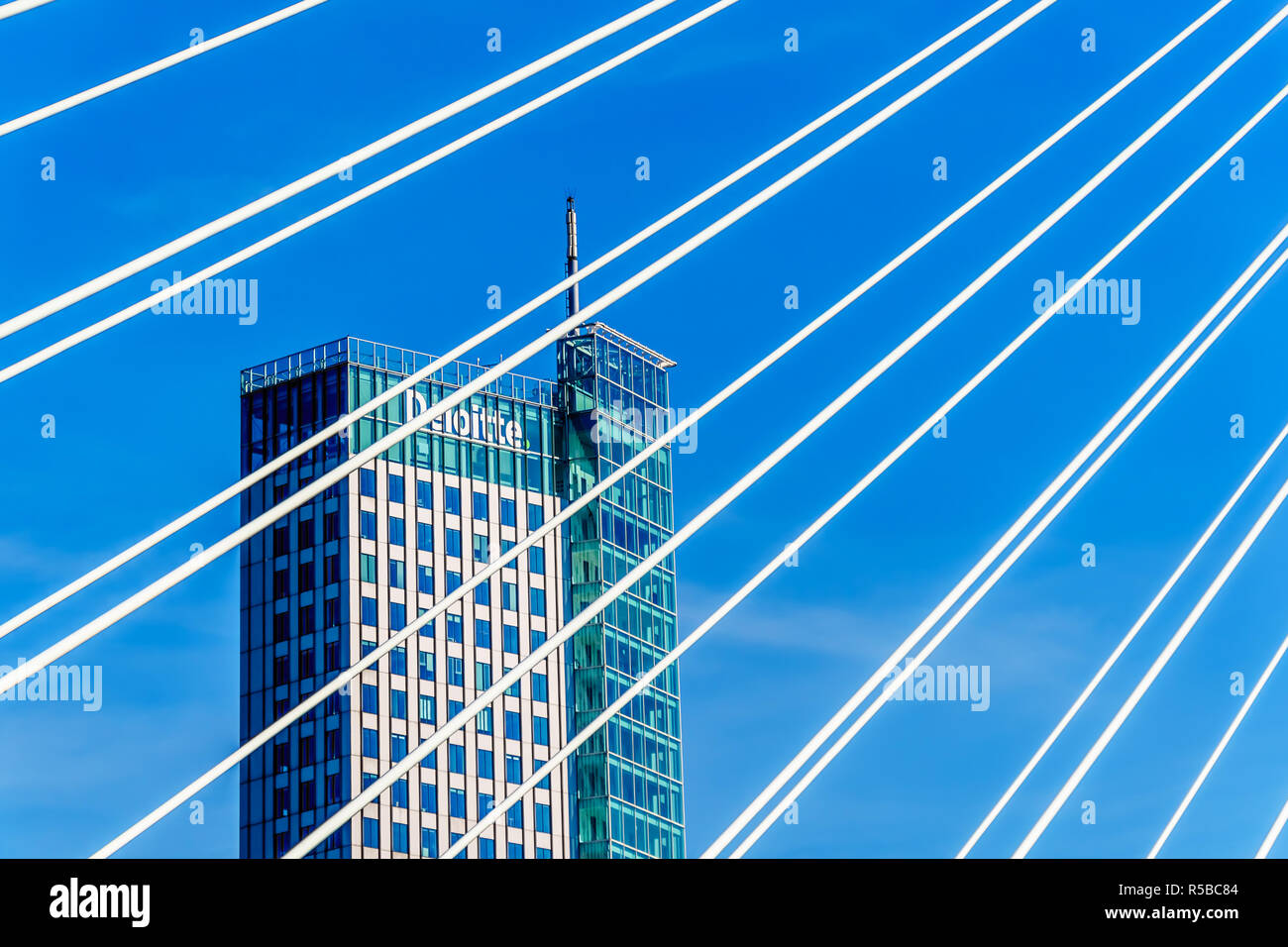 Architettura moderna edifici alti in Olanda Amerikakade con il Cable-Stayed Ponte Erasmus oltre la Nieuwe Maas River a Rotterdam Foto Stock
