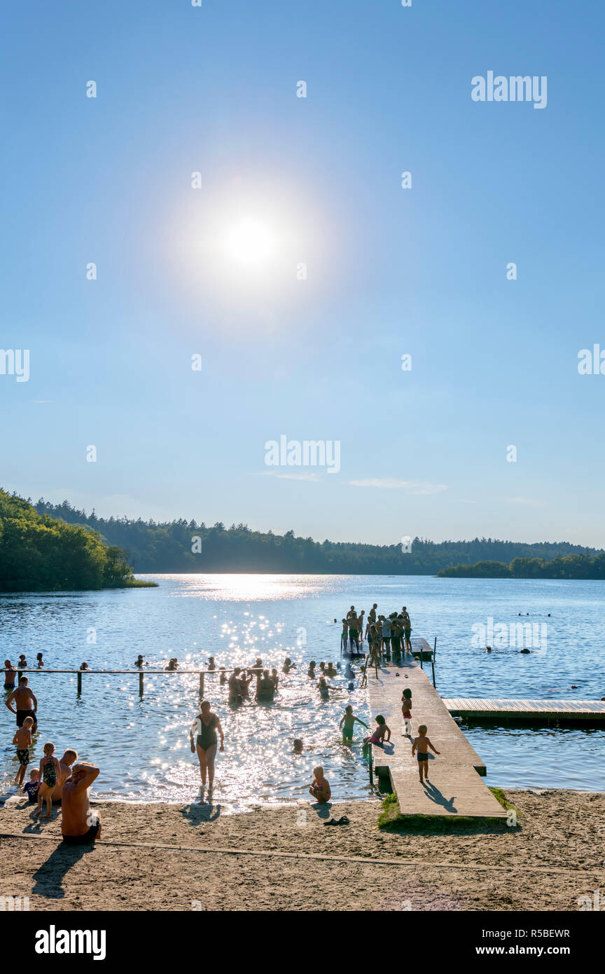 Danish Lake District (Søhøjlandet). I bagnanti sulle rive del lago Almind (Almind Sø), Silkeborg, nello Jutland, Danimarca Foto Stock