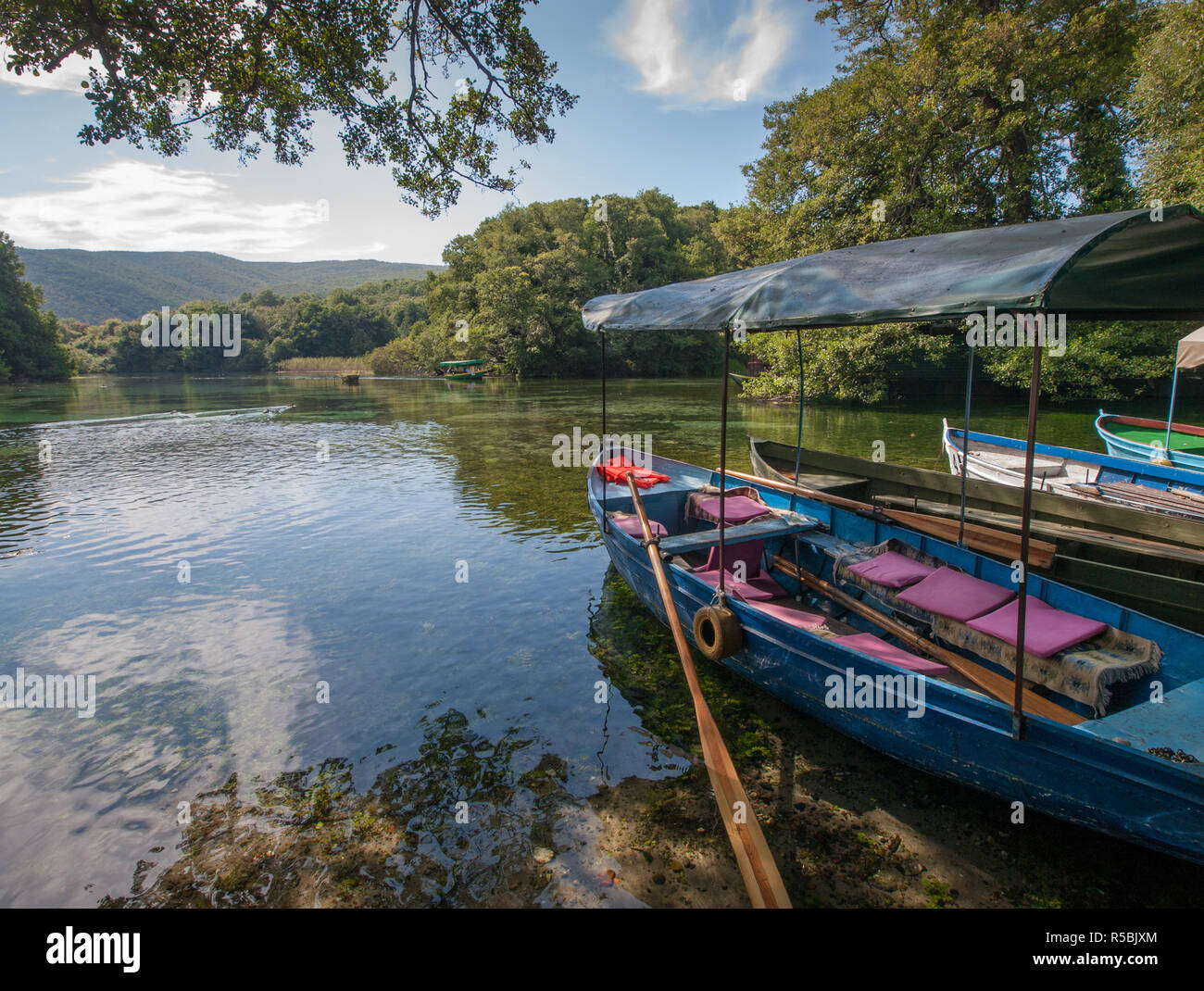 Tour barche ormeggiate sulla riva di una laguna che circonda st Naum monastero in Macedonia. Foto Stock