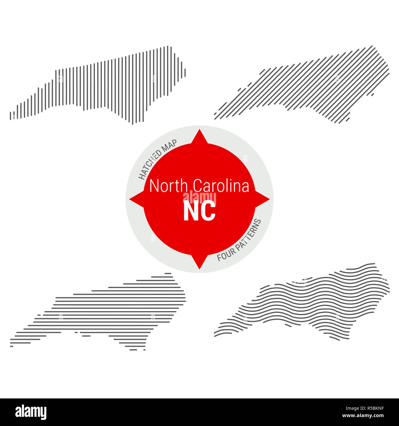 Configurazione tratteggiata mappa di North Carolina. Stilizzata semplice silhouette della Carolina del Nord. Quattro modelli diversi. Illustrazione isolato su bianco Backgroun Foto Stock