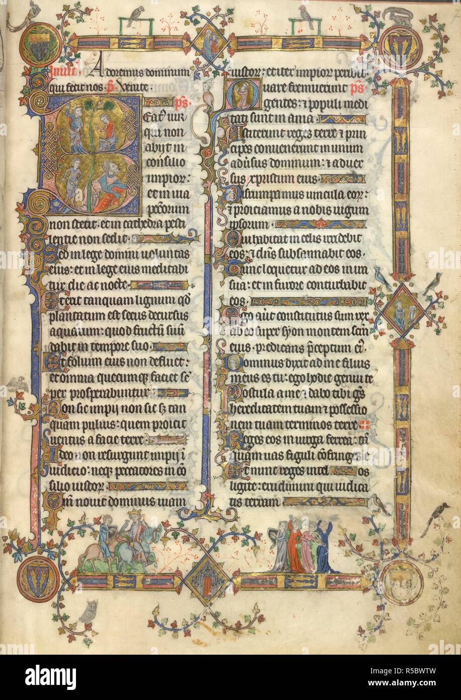 Historiated iniziale "B"(eatus) in due scomparti con Saul gettando la sua lancia a Davide che suona la sua arpa e Davide e Golia, piena di confine e bas-de-page scena con Davide con la cetra e Saul coronato, cavalli verso un gruppo femminile di musicisti e ballerini, il loro ingresso in Gerusalemme. I confini con i bracci della barra e de Tocy in corrispondenza degli angoli e tre scene in punti centrali: la Vergine e il bambino (top), il re Davide (?) pregando (a destra), e una porta della città (sotto). Breviario, uso di Verdun, porzione di inverno ("il breviario di Renaud de bar " o " il breviario di Marguerite de bar"). Francia, e Foto Stock