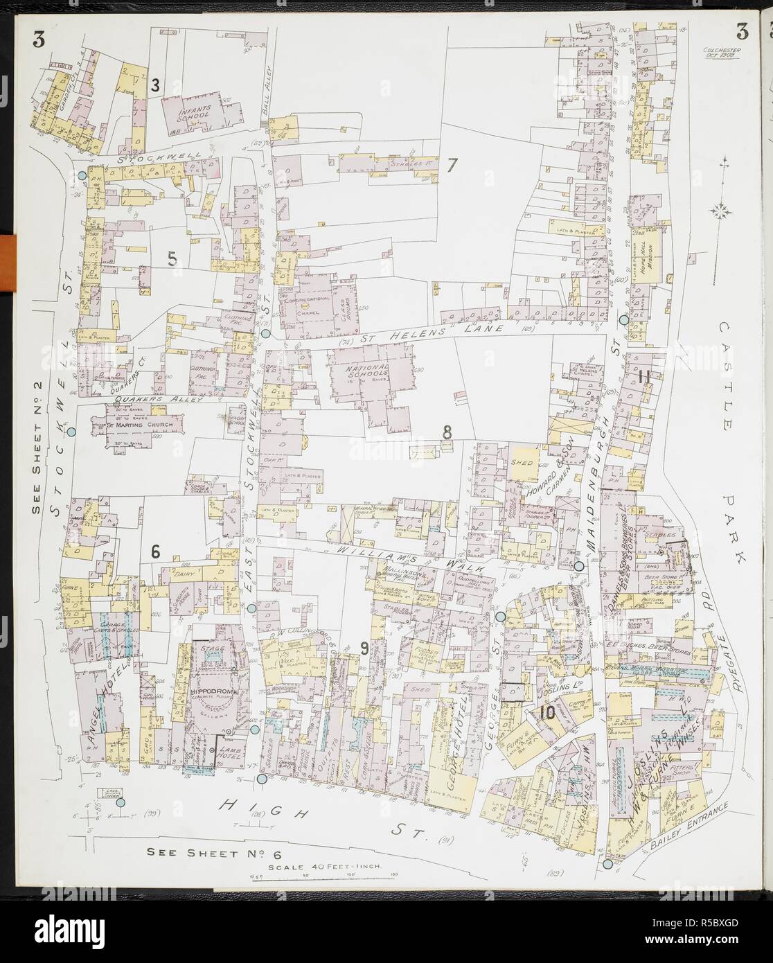 Mappa di Colchester, Essex. Colchester, Essex) : [incendio piani di assicurazione]. Londra : Chas. E. Pungolo Limited, 1909. 63x54cm.; Scala [1:480]. 40ft = 1 pollici. Fonte: Mappe 149.b.29.(2) foglio 3. Foto Stock