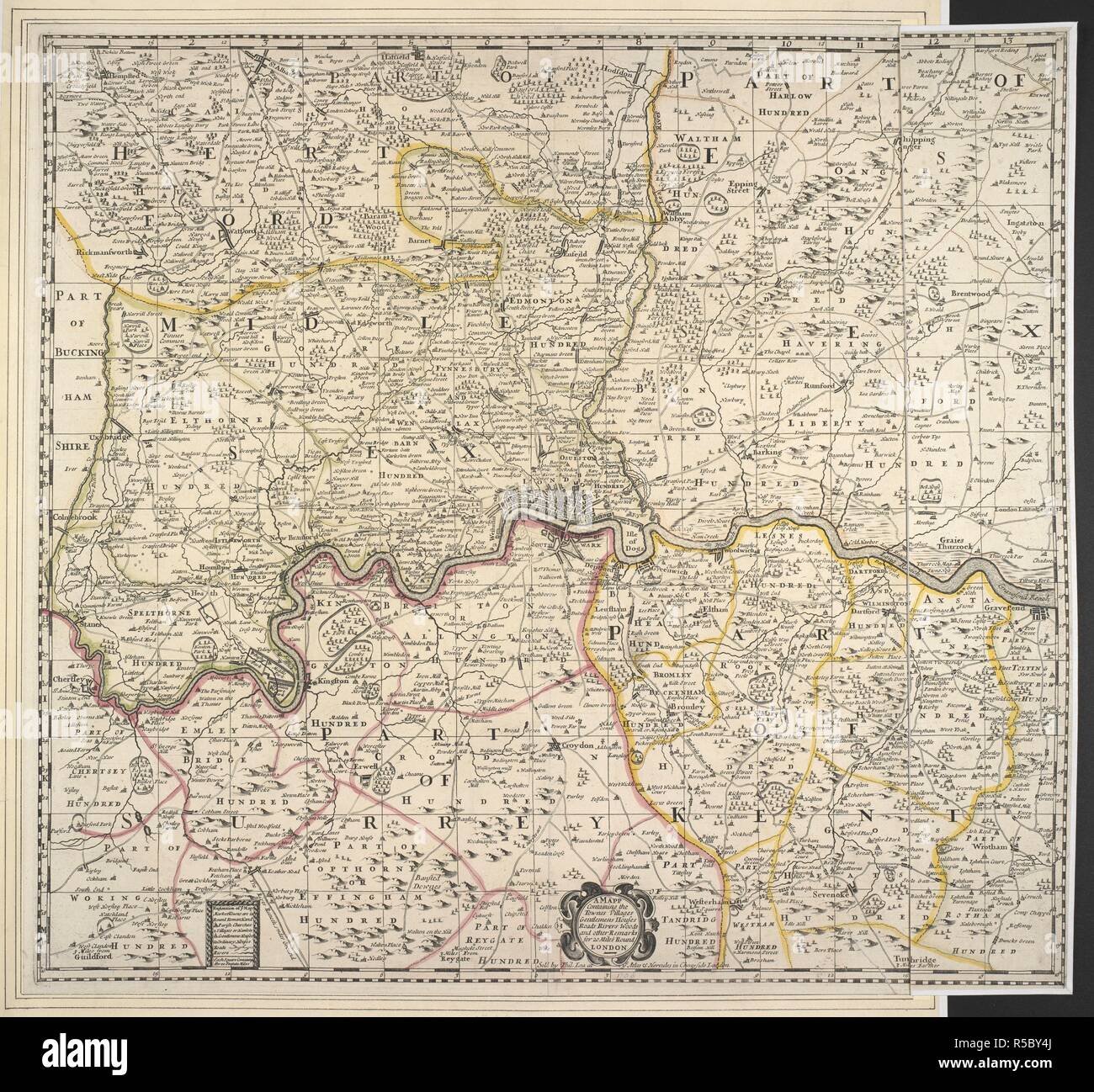 Una mappa di copertura 20 miglia di raggio intorno a Londra. Una MAPP contenente l'Townes Villaggi case Gentelmens strade fiumi boschi e altri commento per 20 miglia in giro per Londra. Londra : venduti da Philip Lea a voi Atlas & Hercules in Cheapside, [circa 1690]. Fonte: Mappe porta Crace.19.10. Lingua: Inglese. Foto Stock