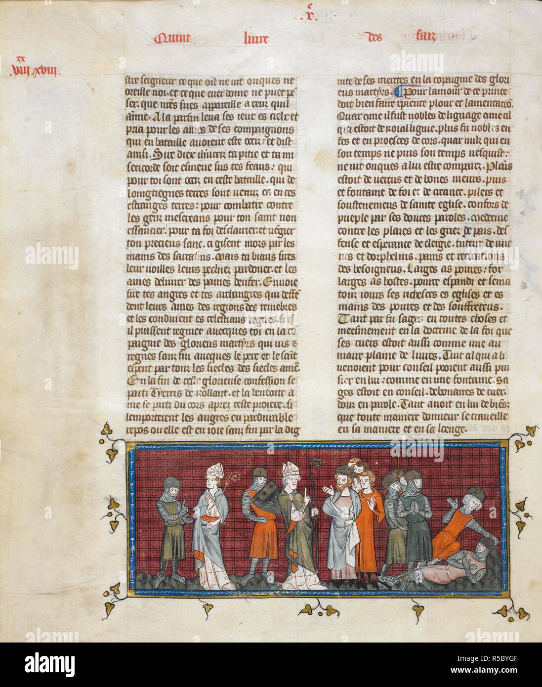 Miniatura di Baldwin e Turpin portando la notizia della morte di Roland a Carlo Magno; Carlo Magno piange su Roland. Chroniques de France ou de Saint Denis, vol. 1. Francia, secondo quarto del XIV secolo. Fonte: Royal 16 G. VI, f.180v. Lingua: Francese. Foto Stock