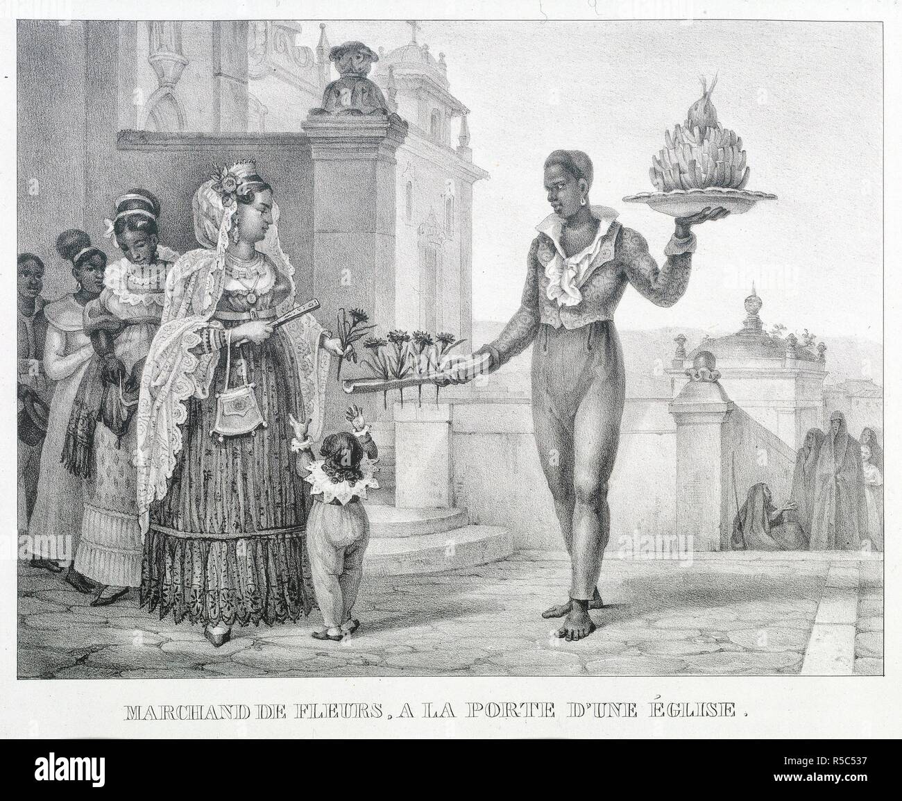 Un venditore di fiori. Viaggio pittoresco et historique au Br:esil, ou S. Parigi, 1834-39. Marchand de fleurs, la Porte d'une Ã‰glise'. Il venditore di fiori alla porta della chiesa. Immagine presa da viaggio pittoresco et historique au Br:esil, ou S:ejour d'onu artiste francais au Br:esil, depuis 1816 jusqu'en 1831 inclusivement, ecc. [Con piastre, compreso un ritratto.] originariamente pubblicato/prodotto in Parigi, 1834-39. . Fonte: 650.b.5 volume 3, la piastra 6. Lingua: Francese. Foto Stock