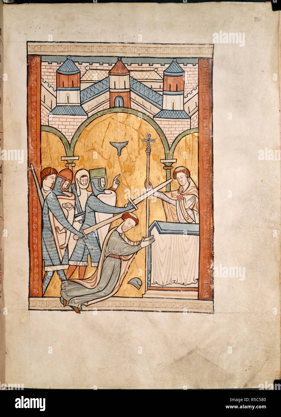 Il martirio di Thomas Becket, arcivescovo di Canterbury. Becket è ucciso da quattro cavalieri guidato da Reginald Fitzurse, come egli si inginocchia davanti all altare. Salterio. Inghilterra [East Midlands?]; circa 1220. Fonte: Harley 5102, f.32. Lingue: Latina. Foto Stock