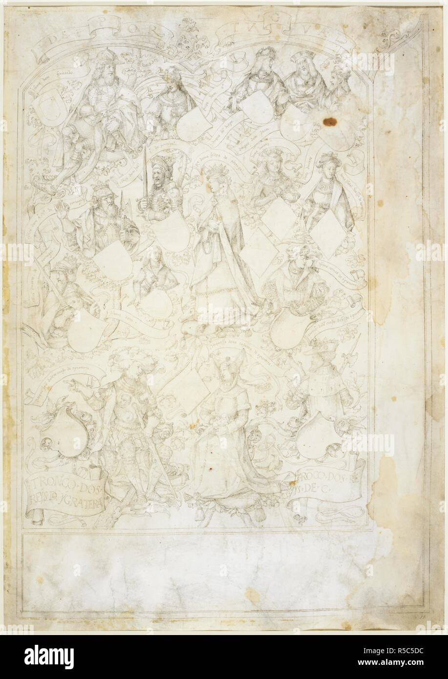 Albero genealogico dei Re di Inghilterra e Castiglia. Una grande miniatura tracciata ma non verniciato. Il portoghese Genealogy Genealogia / dos Reis de Portugal. Portogallo (Lisbona), 1530-1534. Fonte: Aggiungi. 12531, f.11. Lingua: Portoghese. Autore: ANTONIO DE HOLLANDA. Foto Stock