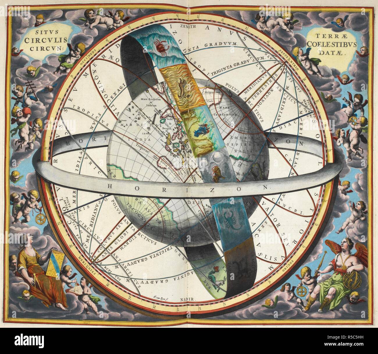 Planisfero con segni astrologici dello zodiaco. . Atlas Coelestis. Harmonia Macrocosmica seu Atlas Universalis et novus, totius universi win Cosmographiam generalem, et novam exhibens Studio et labore Andreae Cellarii, ecc. Amstelodami : Apud J. Janssonium, 1660. Fonte: maps.C.6.c.2. Autore: CELLARIUS, Andreas. Foto Stock