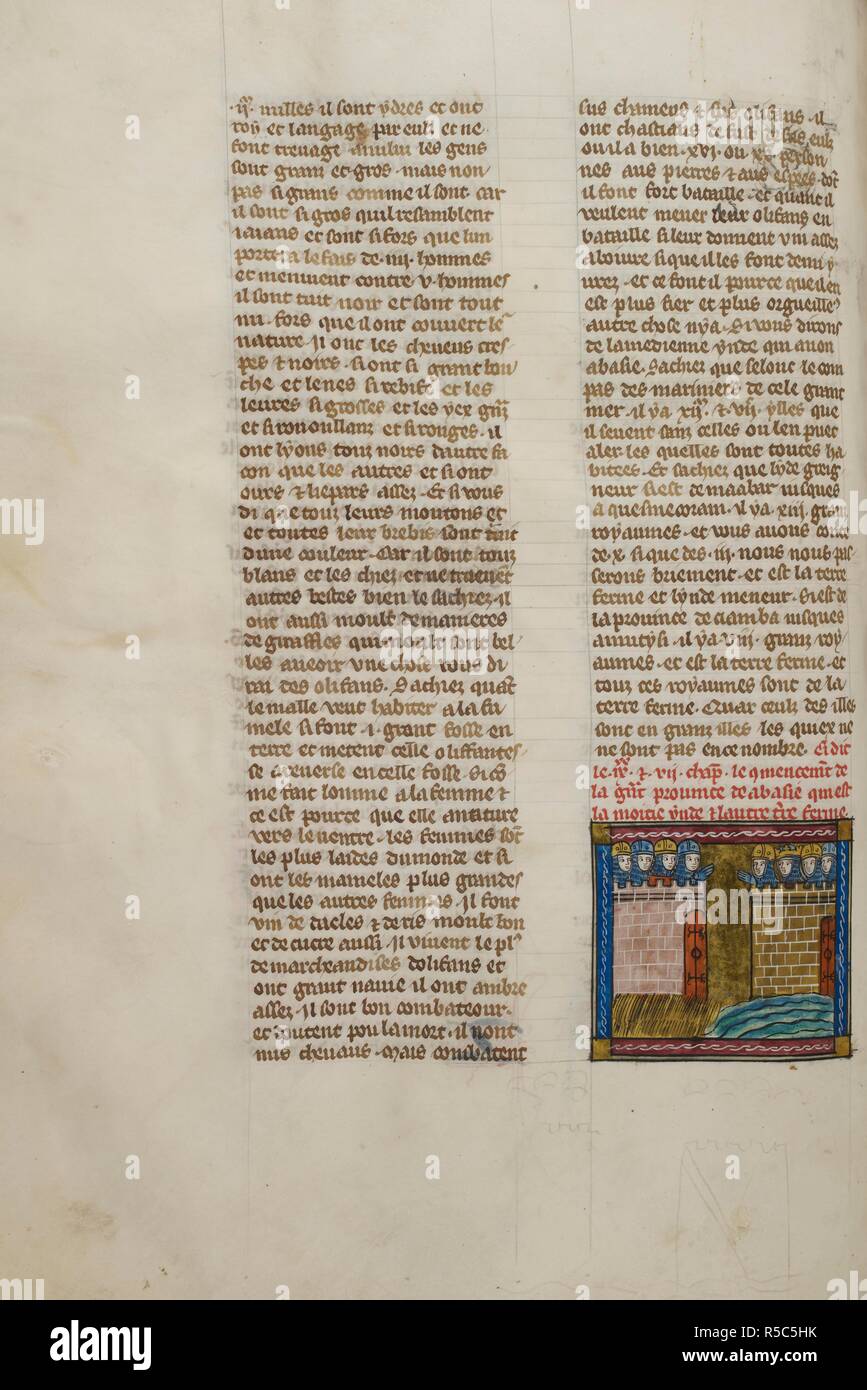 Miniatura di due castelli con uomini armati in Abissinia. Historia de proeliis, tradotto in francese come la vraie ystoire dou bon roi Alixandre e altri romanzi. Francia, Centrale (Parigi); c. 1340 (dopo il 1333). Fonte: Royal 19 D. I, f.132v. Lingua: Francese. Foto Stock