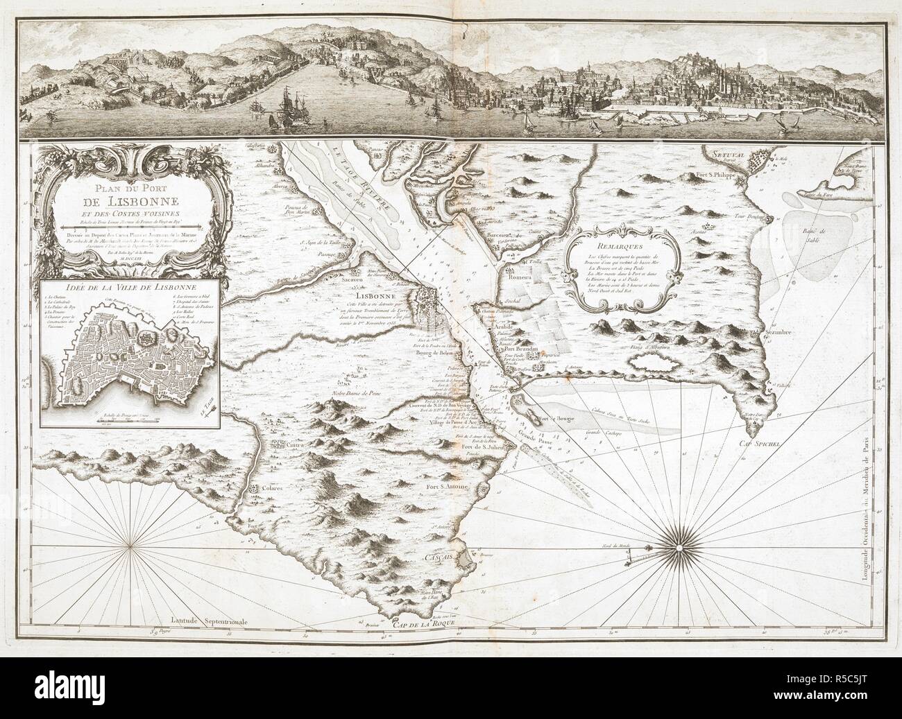 Piano del porto di Lisbona . Plan du Port de Lisbonne et des Costes voisines, avec Petit onu Plan particulier et une vue de la Ville, par Bellin. 1756. Fonte: Mappe K.Top.74.63. Lingua: Francese. Autore: Jacques Nicolas Bellin. Foto Stock