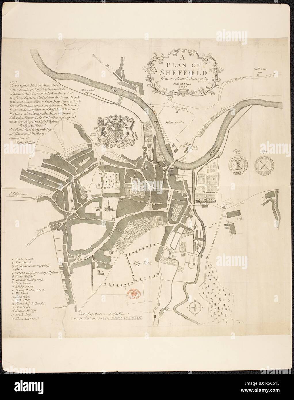 Un piano di Sheffield. Un piano di Sheffield e da un indagine reale da R. Gosling 1736. Sheffield, 1736. Fonte: Mappe 5994.(3). Lingua: Inglese. Foto Stock