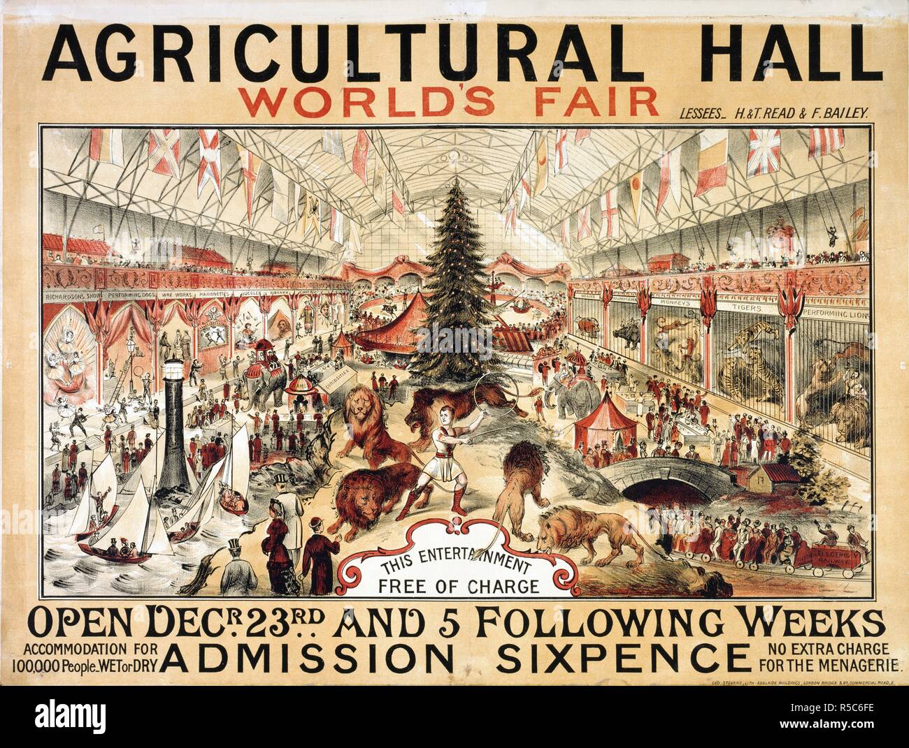 Royal Agricultural Hall, Islington. Fiera Mondiale, c. 1879. I locatari H. & T. Leggere & F. Bailey. Vista della sala con albero di Natale, animali e vari atti. Una collezione di opuscoli da locandine e stampati vari in materia di intrattenimento in stile vittoriano e la vita di tutti i giorni. Geo: Stevens, Lith: edifici di Adelaide, London Bridge & 87, strada commerciale, E. C. 1979. Menageries; Mostre - Inghilterra. Leggere, H. (Henry) d. 1893; leggere, T.; Bailey, F., (Francesco), 1842-1902. Fonte: Evan.442. Autore: Evanion, Henry. Foto Stock