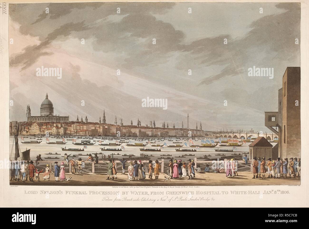 Â€˜Lord Nelson il corteo funebre da acqua da Greenwich a Whitehall, Gennaio 8th, 1806, da Turner; incisi da Clark e Merke, 1806.â€™ una vista dalla riva sud del fiume Tamigi guardando verso la Cattedrale di St Paul; edifici e guglie della chiesa sulla riva nord; una processione funebre di barche sull'acqua; gli astanti a guardare dalla riva. . Pubblicato e venduto il 1 marzo 1806, da Edwd Orme incisore, Printseller al re e la famiglia reale, 59 Bond Street, Londra., [1 Marzo 1806]. 1 stampa : incisione e la puntasecca con la mano di coloranti ; piastra 33,8 x 49,5 cm (taglio a all'interno di contrassegnare la piastra sulla parte superiore di un Foto Stock