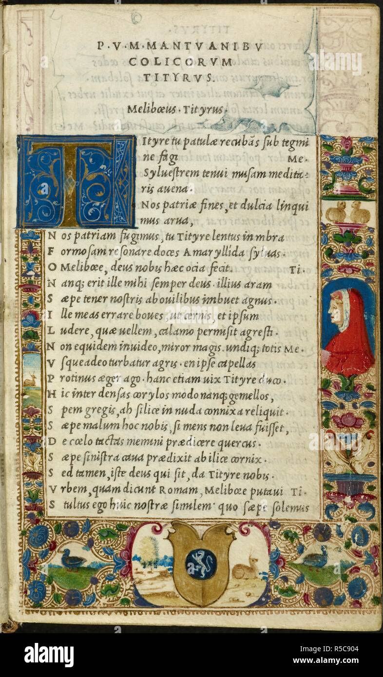 Pagina iniziale, lettera 'T'. Un confine illuminato per la prima pagina di testo. Vergilius. [Modificato da A.P. Manutius.] su pergamena. Il primo libro stampato in corsivo tipi inventato da Francesco de Bologna. Didbus Aldi Romani: Venetiis. 1501. Fonte: C.19.f.7, pagina 1. Autore: Virgilius Maro, Publio. Foto Stock
