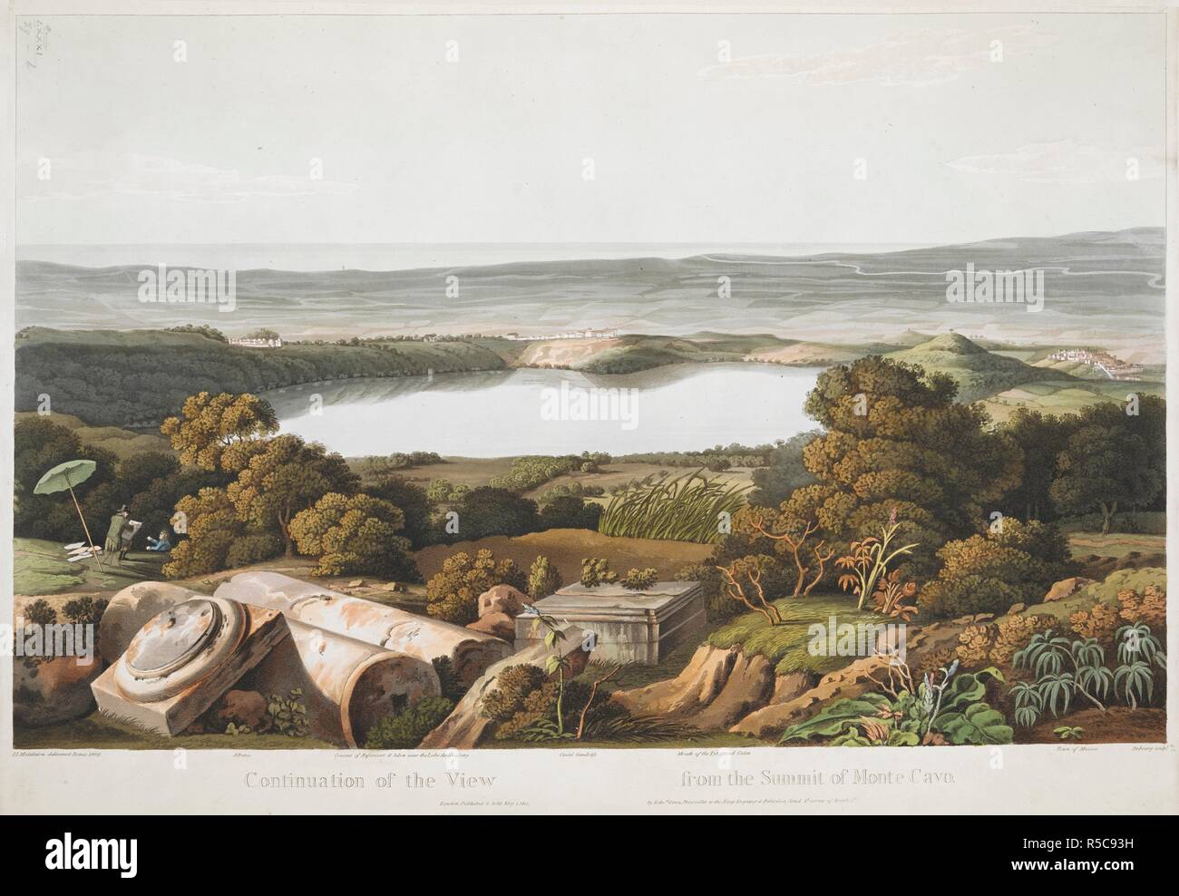 Un uomo parla a un relatore per parere sul lavoro sotto un ombrellone sul Monte Cavo accanto ai resti del Tempio di Giove in primo piano, con vista sul lago di Albano e le pianure della Campagna al di là. Proseguimento della vista dalla cima del Monte Cavo. Londra : pubblicare'd e venduto il 1 maggio. 1811 da Edw.d orme Printseller al re incisore & Publisher Bond St angolo del torrente San, [1 Maggio 1811]. Colorate a mano la puntasecca e l'attacco. Fonte: Mappe K.Top.81.29.b. Lingua: Inglese. Autore: Dubourg, M. Foto Stock