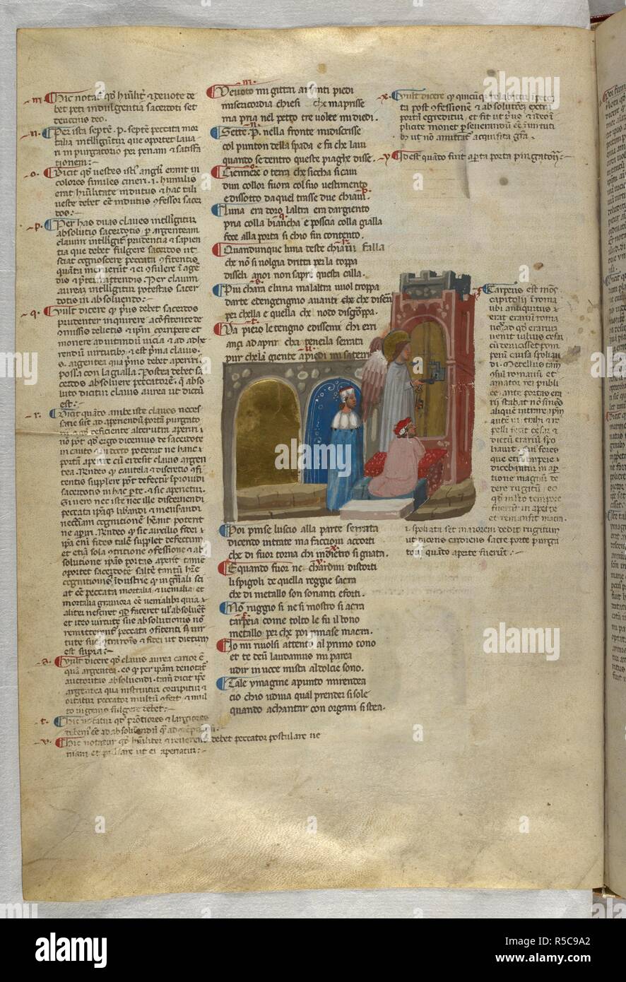 Purgatorio: l'angelo apre la porta al purgatorio e Dante si inginocchia sui gradini. Dante Alighieri, La Divina Commedia ( La Divina Commedia ), con un commento in latino. La prima metà del XIV secolo. Fonte: Egerton 943, f.79v. Lingua: Italiano, Latino. Foto Stock