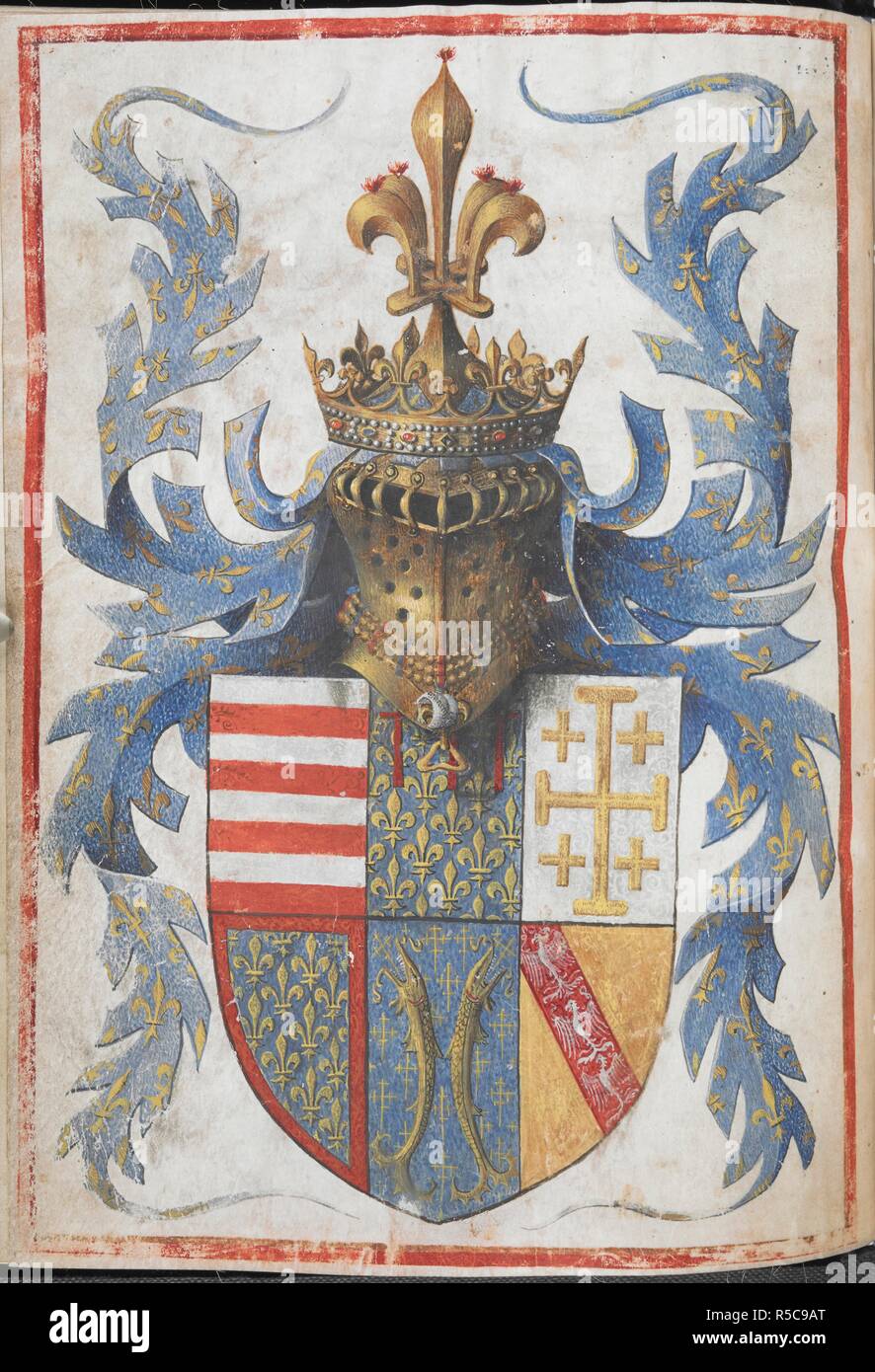 Stemma di RenÃ© d'Anjou; un folio aggiunto dopo RenÃ© d'Anjou era diventato tilular Re di Napoli nel 1435. Ore di RenÃ© d'Anjou. Francia; dopo il 1410. Fonte: Egerton 1070, f.4v. Lingue: Latina. Autore: Master di RenÃ© d'Anjou?. Foto Stock