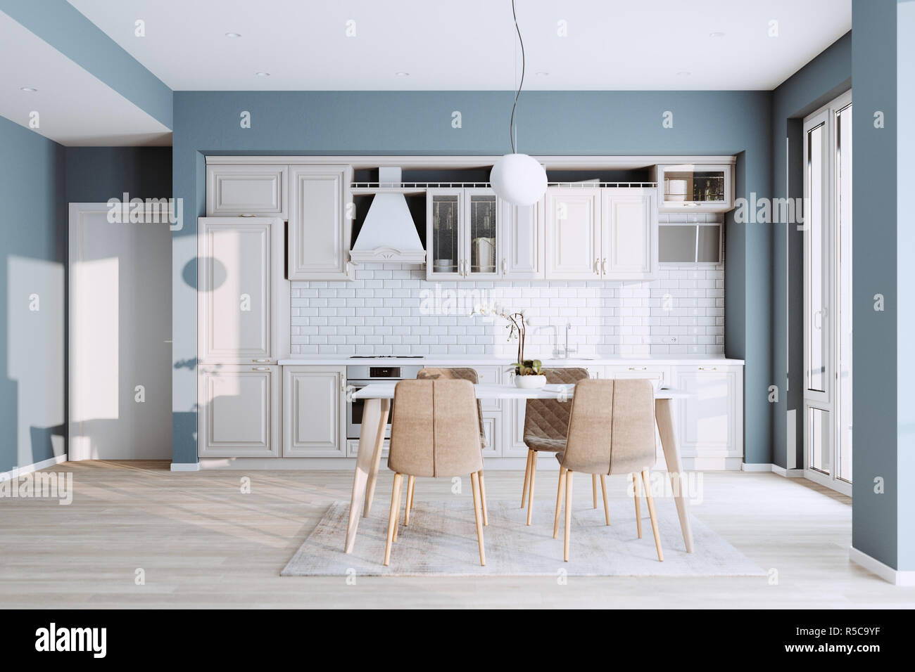 Bella Cucina Classica nella nuova casa di lusso con pavimenti in legno duro e elettrodomestici di acciaio inossidabile 3D render Foto Stock