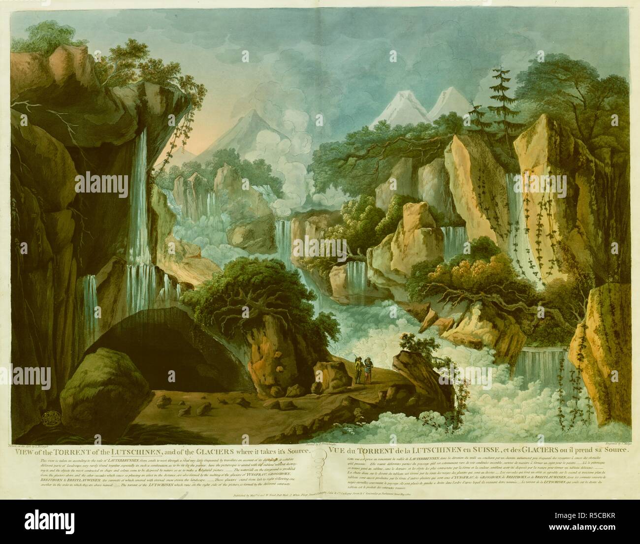 Due viaggiatori stand su una roccia dal fiume LÃ¼tschine in primo piano, con cascate, foreste e le Alpi bernesi in background. Vista del torrente della LUTSCHINEN e dei ghiacciai dove si prende la sua sorgente. [Londra] : pubblicato dai sigg. G. & W. Nicol Pall Mall, J. White, Fleet Street, Colnaghi, Sala & Co. Cockspur Street, & C. Geisweiler 42 Parlamento Street; 1 maggio 1800, [1 Maggio 1800]. Colorate a mano la puntasecca e l'attacco. Fonte: Mappe K.Top.85.65.3. Lingua: Inglese e Francese. Autore: Belanger, L. Foto Stock