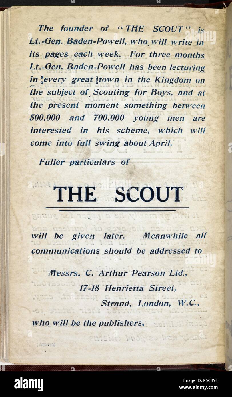 Avviso di futura pubblicazione e un indirizzo per i richiedenti. Scautismo per ragazzi. Un manuale per istruzioni in buona cittadinanza ... Illustrato. Londra : Horace Cox, [1908]. Fonte: 8821.a.21 La parte V del coperchio posteriore. Autore: Baden-Powell, Robert. Foto Stock