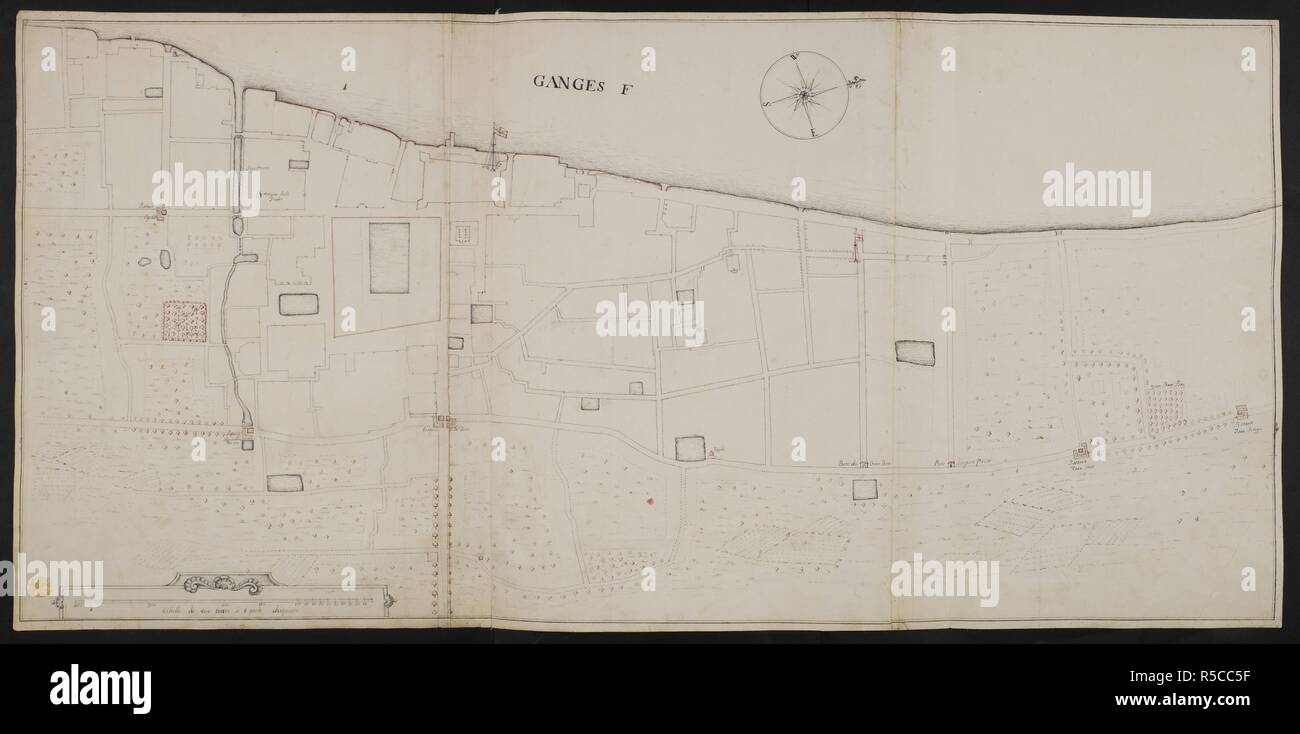 Un "piano di Calcutta e il paese adiacente, da Foresti e Ollifres;' disegnata nel 1742, su una scala di 40 toises di un pollice. Un "piano di Calcutta e il paese adiacente, da Foresti e Ollifres;' disegnata nel 1742, su una scala di 40 toises di un pollice. 1742. Fonte: Mappe K.Top.115.40. Foto Stock