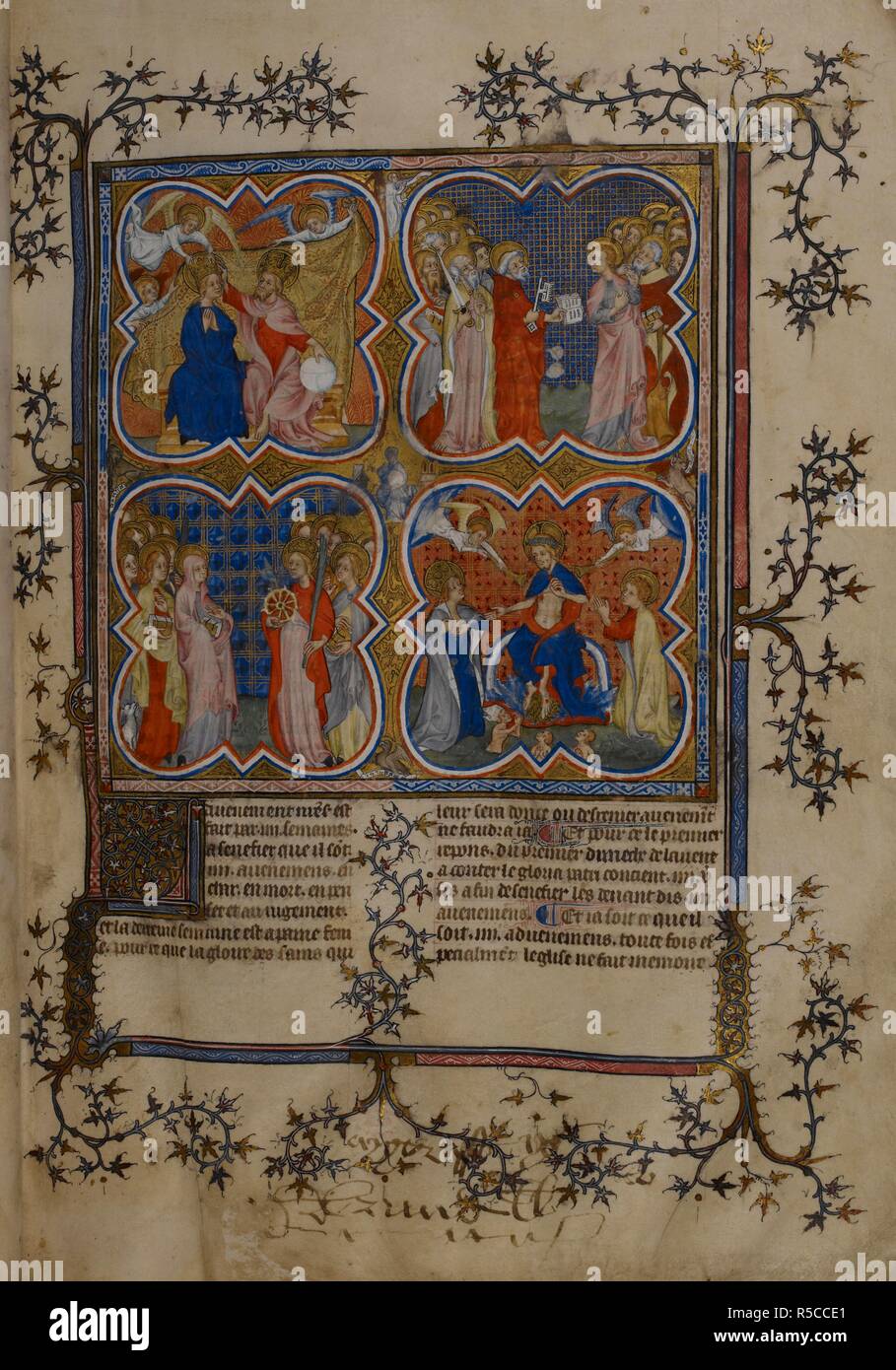 Incoronazione della Vergine e Santi maschio in due gruppi; femmina santi in due gruppi; l'ultima sentenza. La legende doree en francois que frere Iehan de Vignay. Francia, 1382. Fonte: Royal 19 B. XVII, f.5. Foto Stock