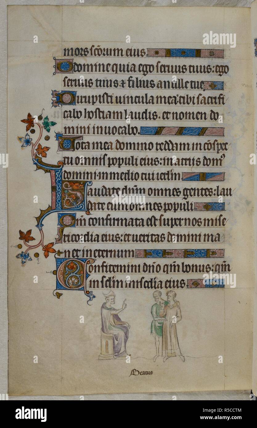 Bas-de-page scena di un assistito Vincent dinanzi a un giudice; uno abitato iniziale 'L'(audate) contenente la testa di un drago e uno decorato iniziale 'C'(onfitemini). Salterio ("La regina Maria Salterio'). Inghilterra (Londra/Westminster o East Anglia?); tra il 1310 e il 1320. Fonte: Royal 2 B. VII, f.239v. Lingue: latina, francese con le didascalie delle immagini. Foto Stock