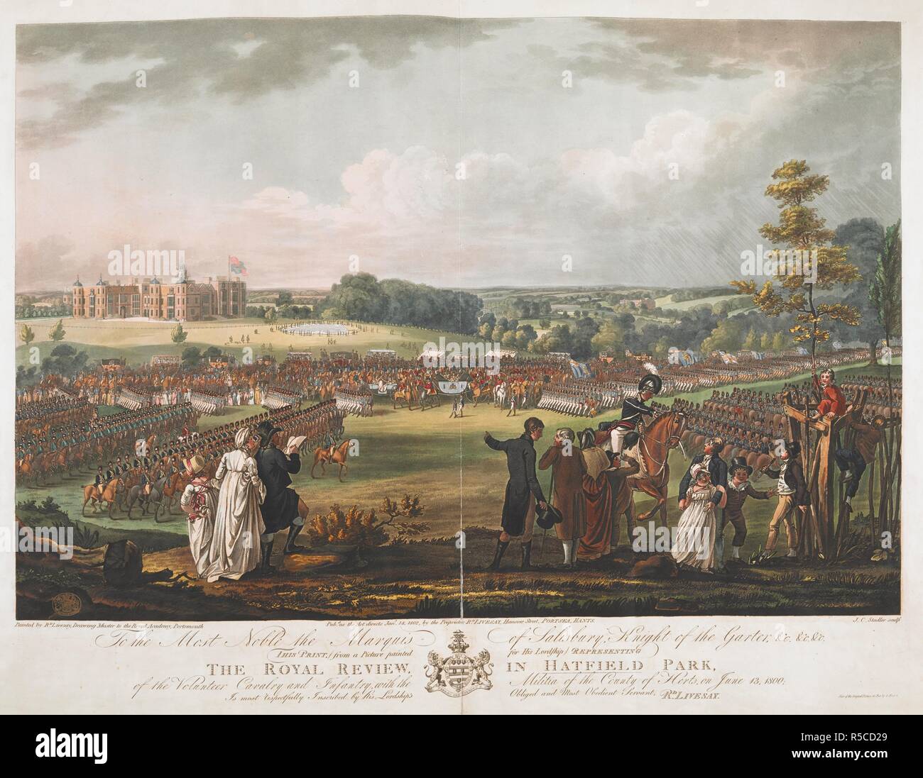 Il Royal Revisione in Hatfield Park del volontario cavalleria e fanteria, con la milizia della contea di Herts, il 13 giugno, 1800. Le figure in primo piano cercando su Reggimenti militari nel parco; un carrello formale al centro della scena; Hatfield House sulla sinistra in lontananza. Per la parte più nobile del marchese di Salisbury, cavaliere della Giarrettiera, &c, &c, &c. Questa stampa (da un'immagine dipinta per la sua signoria) CHE RAPPRESENTA IL ROYAL REVISIONE IN HATFIELD PARK, del volontariato e della cavalleria fanteria, con le milizie del Paese di Herts, il 13 giugno 1800, è più rispettoso e mi Foto Stock