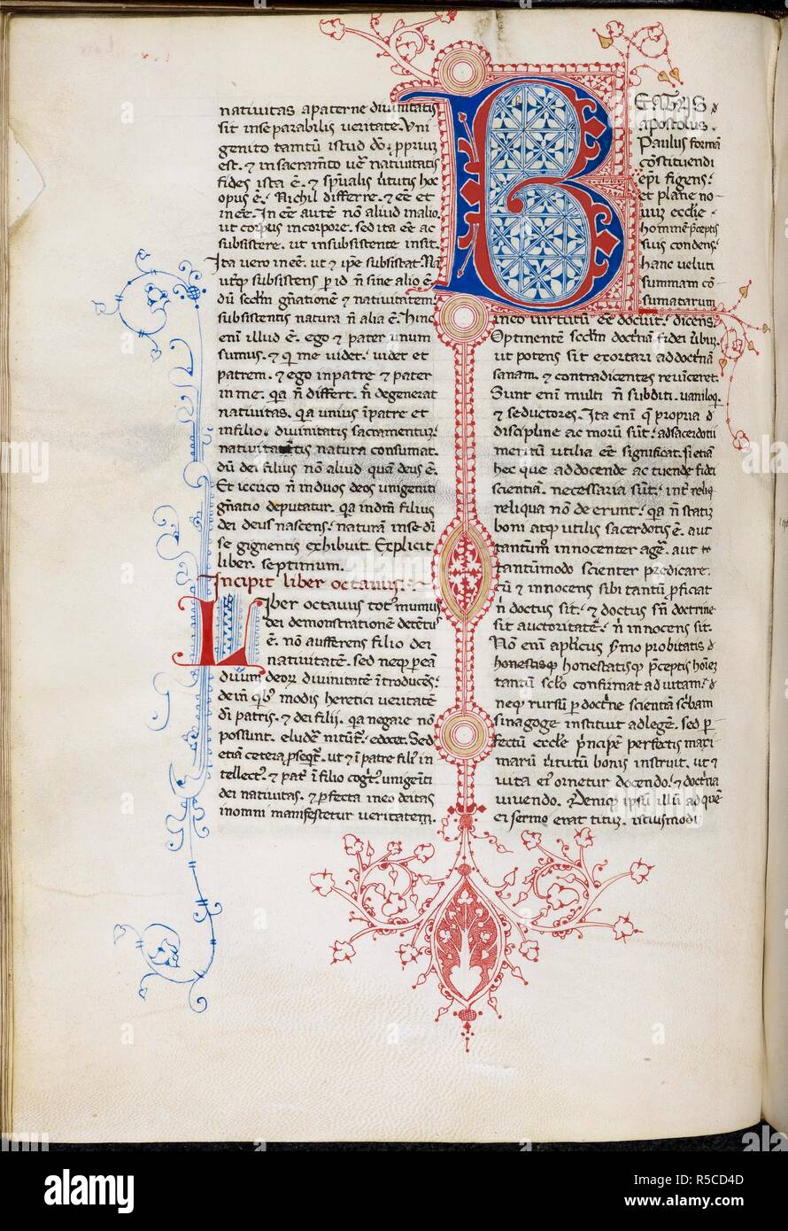 Puzzle iniziale "B"(eatas) con penna-fiorente compresi motivi foliate estendentesi tra le colonne e nei margini, all'inizio del libro 8 di Ilario De Trinitate. De Trinitate. L'Italia, centrale (Firenze); primo quarto del XV secolo. Fonte: Harley 4949, f.69v. Lingue: Latina. Foto Stock