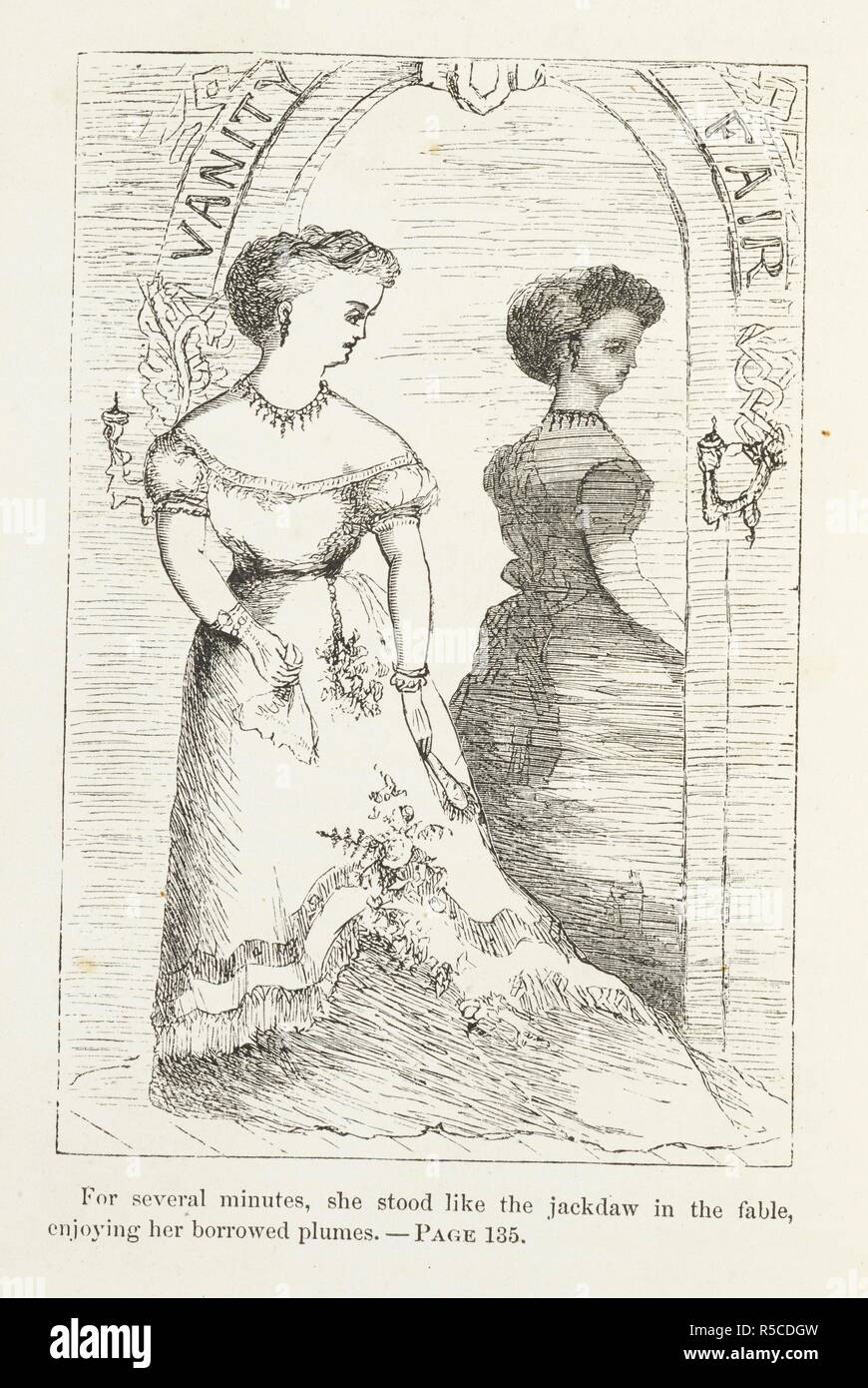 'Per diversi minuti, si fermò come la cornacchia della favola, godendo della sua pennacchi in prestito." una giovane donna in piedi davanti a uno specchio. . Piccole Donne ... Con illustrazioni. Boston : Roberts Bros, 1870. Fonte: 12844.m.8 piastra opposto pagina 135. Lingua: Inglese. Autore:, Alcott Louisa M. Foto Stock