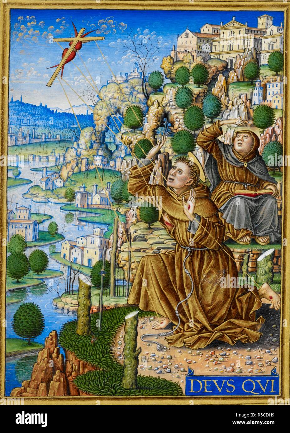 San Francesco che riceve le stimmate. Sforza ore. Milano, circa 1490; Fiammingo inserzioni, 1517-1520. Fonte: Aggiungi. 34294, f.206v. Lingue: Latina. Autore: Birago Giovan Pietro. Foto Stock