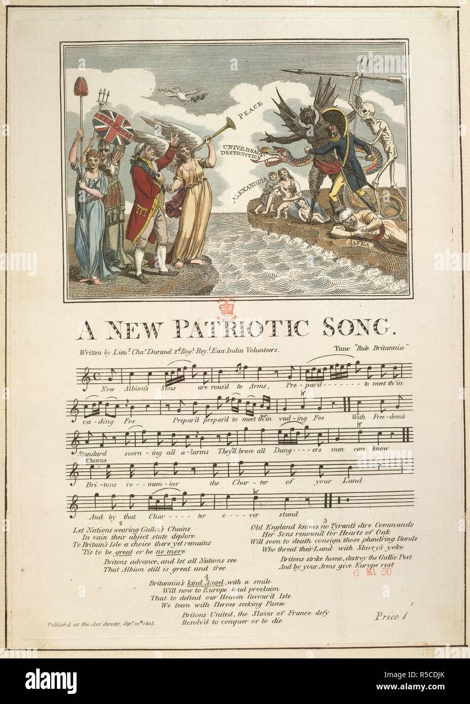 Una nuova canzone patriottica. Leale e Patriottica di mano le bollette, canzoni, indirizzi. Londra, 1803. Una nuova canzone patriottica. Una figura in British uniforme militare sta con un angelo e Britannia. Attraverso il canale della Manica, sorge un ufficiale francese, con un diavolo e la morte come uno scheletro. Immagine presa da fedeli e mano patriottico-fatture, canzoni, indirizzi, ecc. sulla minaccia di invasione della Gran Bretagna da Buonaparte. Originariamente pubblicato/prodotto in Londra, 1803. . Fonte: 650.a.12.(22). Lingua: Inglese. Foto Stock