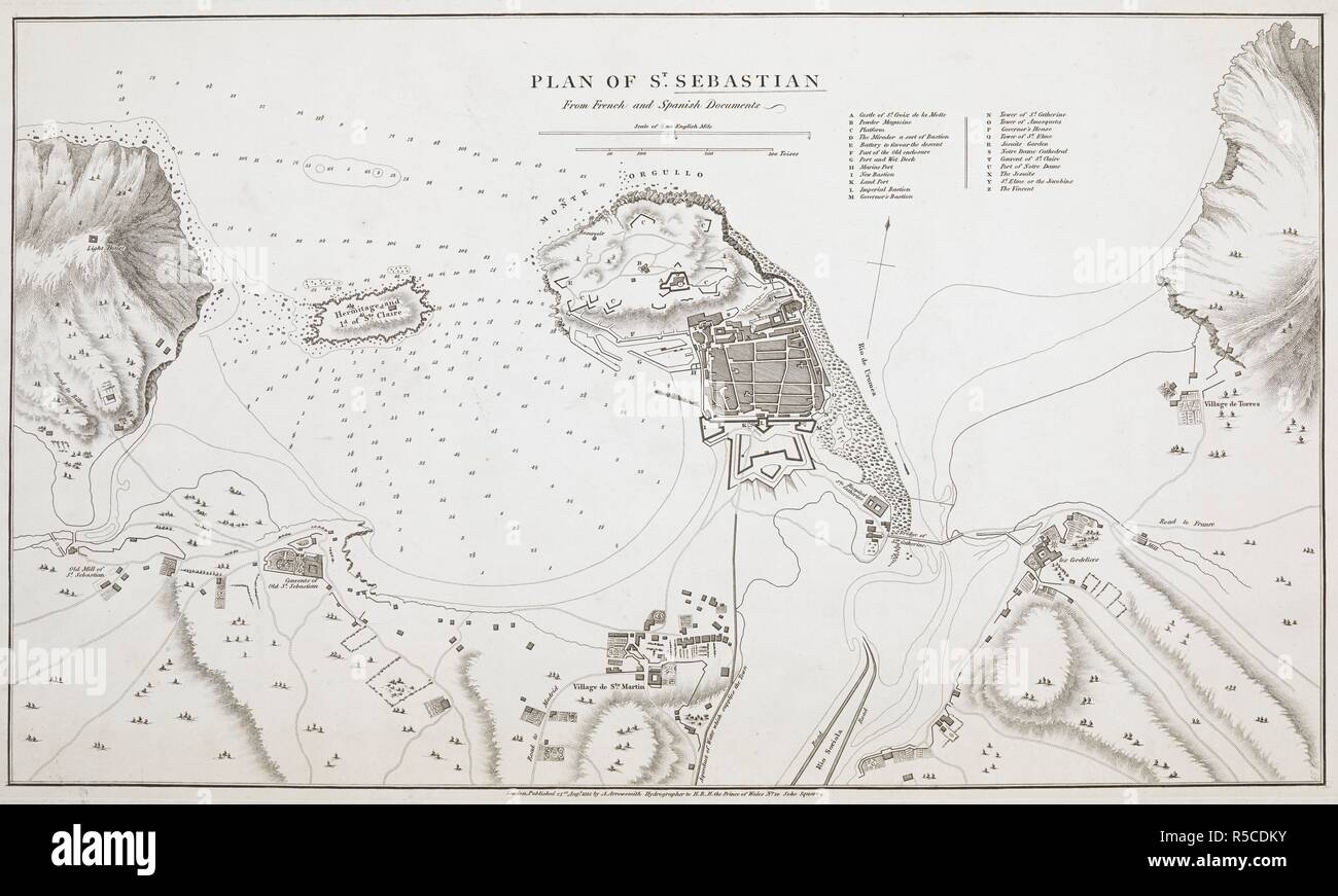 Un piano di San Sebastian (San Sebastian). Piano di San Sebastian dal francese e spagnolo di documenti. Scala di 1/2 un miglio inglese[ = 110 mm]. Londra : A. Arrowsmith, 1813. Fonte: Mappe K.Top.72.68. Lingua: Inglese. Foto Stock