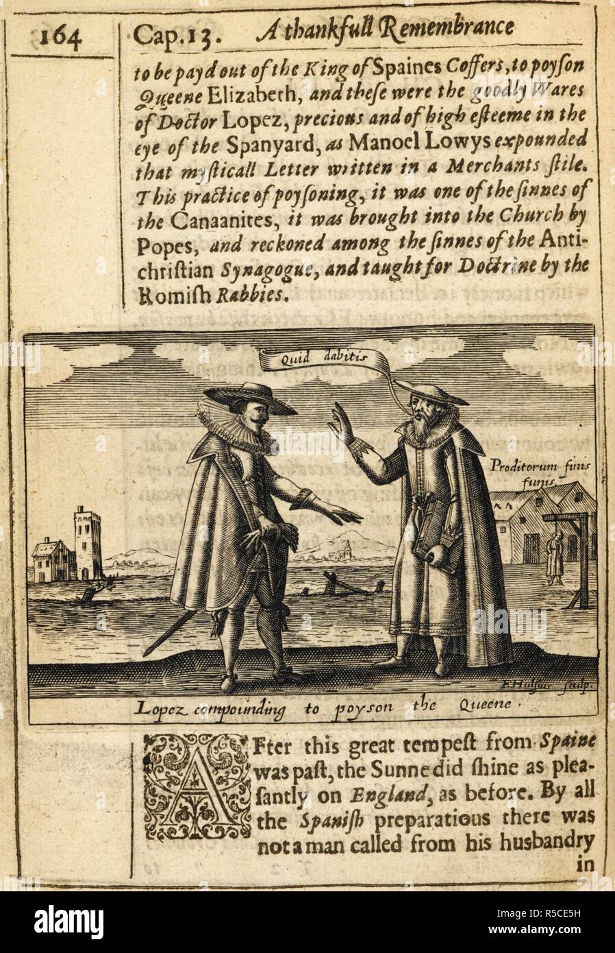 Lopez compunding a poyson queene l'. Xilografia illustrazione raffigurante il Dr Rodrigo Lopez (c. 1525 â€" Giugno 7, 1594) medico di Queen Elizabeth Ist. Lopez è stato accusato di aver complottato con lo spagnolo emissari per avvelenare la regina. Egli è stato arrestato il 1 gennaio 1594, condannato in febbraio e successivamente impiccati, disegnato e squartato il 7 giugno. . Un Thankfull ricordo della misericordia di Dio in una raccolta historicall del grande e mercifull deliverances della Chiesa e dello stato dell'Inghilterra, poiché il Gospell iniziato qui a fiorire, dall'inizio di Queene Elizabeth]. Londra : M. Flesher, per Rober Foto Stock