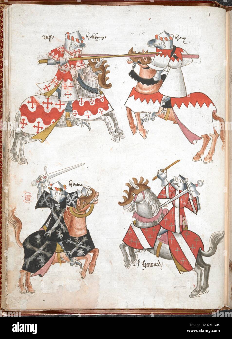 Cavalieri alla giostra. Rotolo di militari di bracci (manoscritto conosciuto anche come Sir Thomas Holme il libro dei bracci). Parte 2 e segg. 9-40V. Inghilterra, S. E. (probabilmente a Londra). Prima di 1448, c. 1446. Numerosi disegni colorati di combattente montato cavalieri in armatura e tabard. Fonte: Harley 4205 f.12v. Lingua: Gotico corsivo. Foto Stock