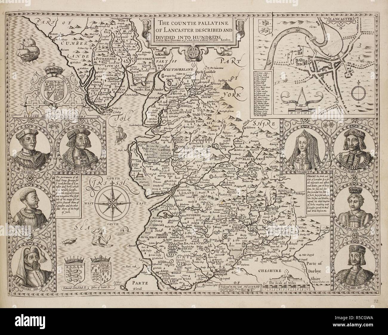 Mappa del Countie Pallatine di Lancaster, o la contea del Lancashire. Una collezione di 37 mappe di contee dell'Inghilterra. Londra. H. Overton, 1714. Una collezione di 37 mappe di contee dell'Inghilterra, essendo ristampe di J. Speedâ€™s mappe, da Henry Overton, insieme con quelli di P. Stent ristampato da John Overton, e mappe di Derbyshire e Yorkshire incisi da S. Nicholls. Fonte: maps.145.c.9 32. Lingua: Inglese. Foto Stock